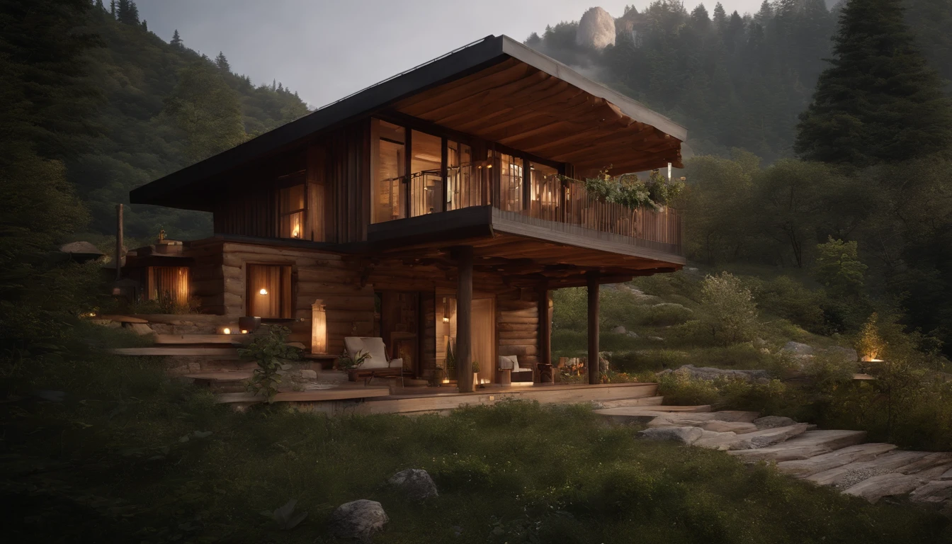 A rustic home nestled in the mountains, built with walls of unprocessed tree logs and a roof of clay tiles. The house exudes a deep connection with the surrounding nature. Wooden logs display natural textures, and climbing plants gently hug the walls. The setting is a mountainous landscape, with ancient trees and a babbling brook. Artistic photography, capturing the harmony between the house and its surroundings, using a wide-angle lens to encompass the entire scene