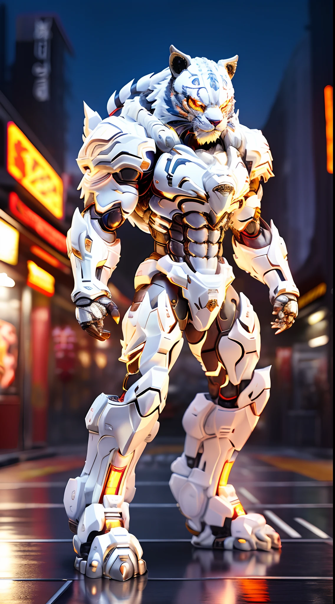 CHINESE TIGER, WHITE TIGER HEAD, HETEROCHROMIA EYE, CRYSTAL HEAVY ARMOR, TRANSPARANT, MUSCLE BODY.