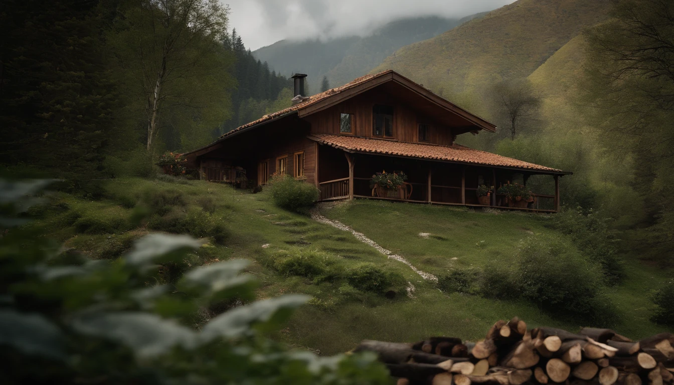 A rustic home nestled in the mountains, built with walls of unprocessed tree logs and a roof of clay tiles. The house exudes a deep connection with the surrounding nature. Wooden logs display natural textures, and climbing plants gently hug the walls. The setting is a mountainous landscape, with ancient trees and a babbling brook. Artistic photography, capturing the harmony between the house and its surroundings, using a wide-angle lens to encompass the entire scene