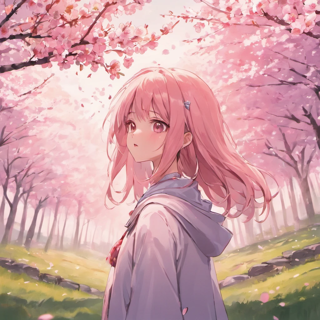 Create an anime illustration in ultra-high resolution (8K UHD) with stunning detail and vibrant colors. The focus of the illustration is on an anime girl with striking silver hair, adorned with streaks, and bangs that partially obscure her half-closed, bloodshot eyes. She should exude a yandere demeanor, expressing an unsettling sense of obsession.

The setting is under a picturesque cherry blossom tree during daylight. The cherry blossoms should be in full bloom, creating a beautiful yet eerie contrast with the girl's unsettling expression. The sky should feature fluffy clouds, and there should be people in the background, unaware of the girl's presence, going about their day.

The scene should take place in a serene and windy environment with lush green grass and birds flying in the distance. The wind should gently rustle the girl's hair and the cherry blossoms, adding to the eerie atmosphere.

The goal is to create a visually captivating and emotionally charged illustration that captures the essence of a yandere character's obsession amidst the beauty of nature. Ensure that the image is vivid, high-res, and HD, emphasizing both the serene surroundings and the unsettling aura of the girl.