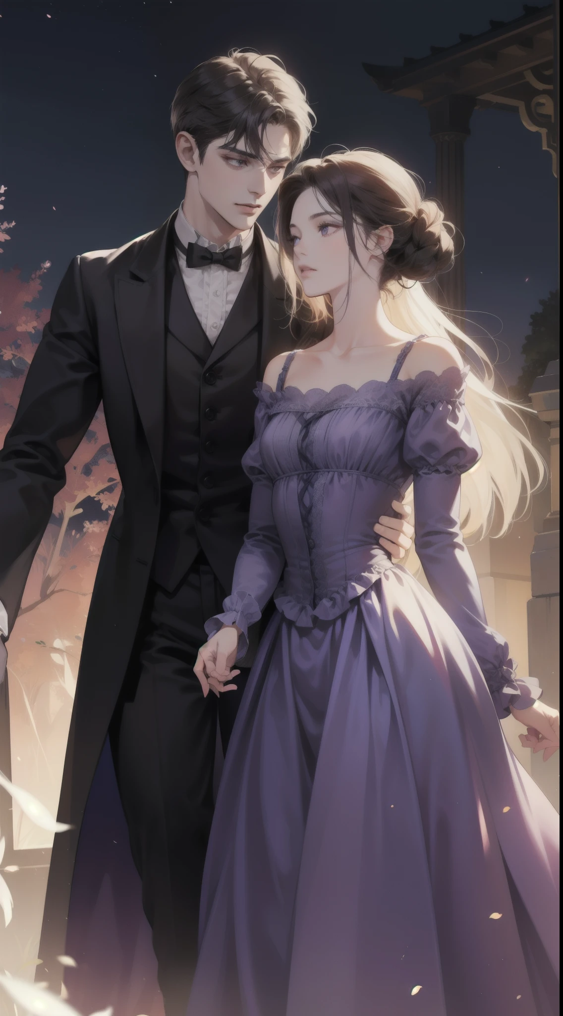 1 girl 1 boy, different hair color, extremely detailed face, Long black bang hair with twist and purple eyes, short dark brown hair and dark grey eyes, face to face, romantic, at night, walking, 25 years old, Victorian era, glowing effect, purple dress, dim light