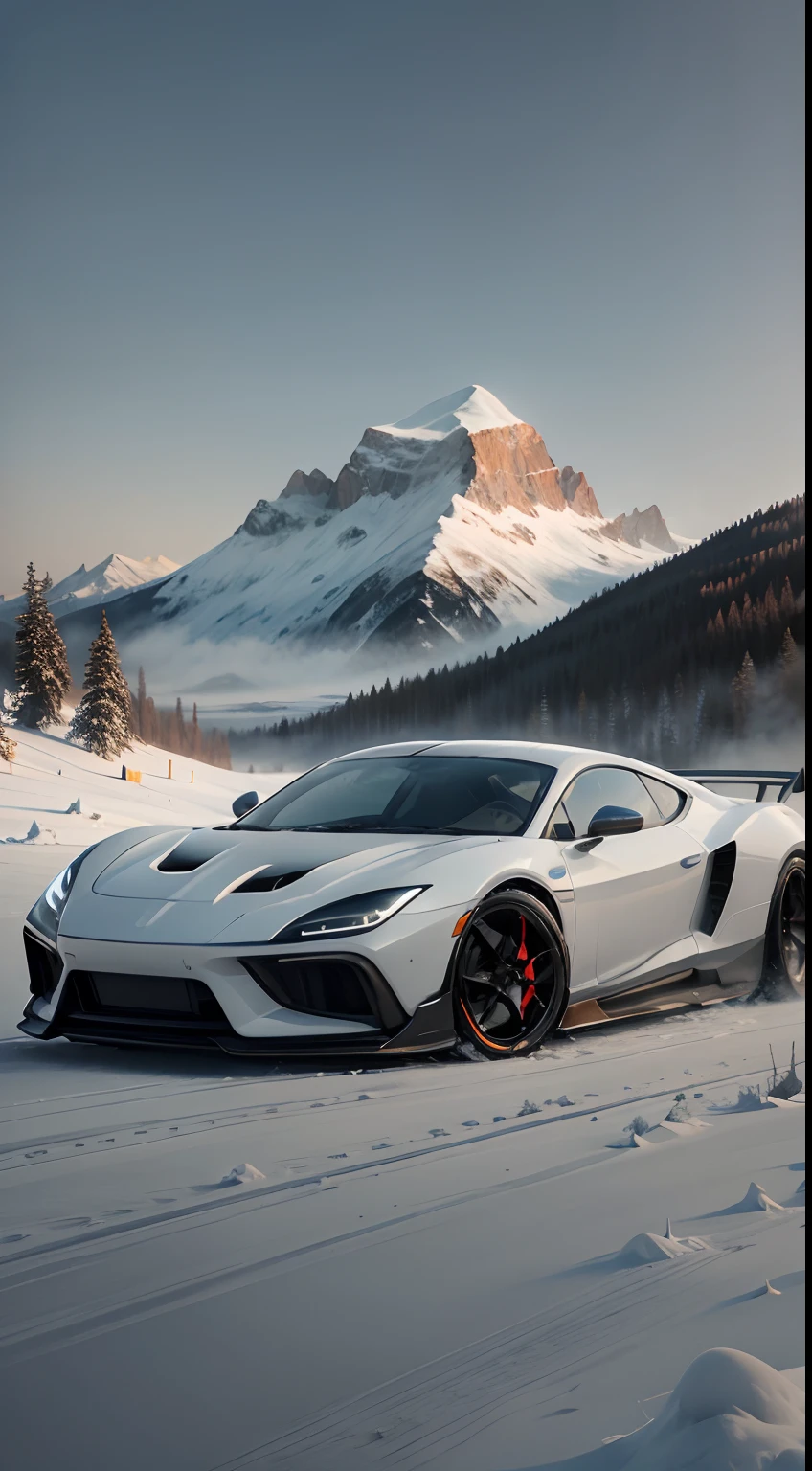 a futuristic car driving in iced lake, snow flokes falling, the car is white and black, there is a full moon in the sky, the image is cinematic, the image pass a velocity and speed sense, the car is cool,the image is a award winner, the image colors are vivid, the image is breath taking, 4k, clouds, mountains and valleys in the background, the setting is cold, there birds in yhe sky, bushes on the ground, trees, BREAK modern,4k, ultrarealistic,speed, velocity, badass, wind, 1car, alone, solo,