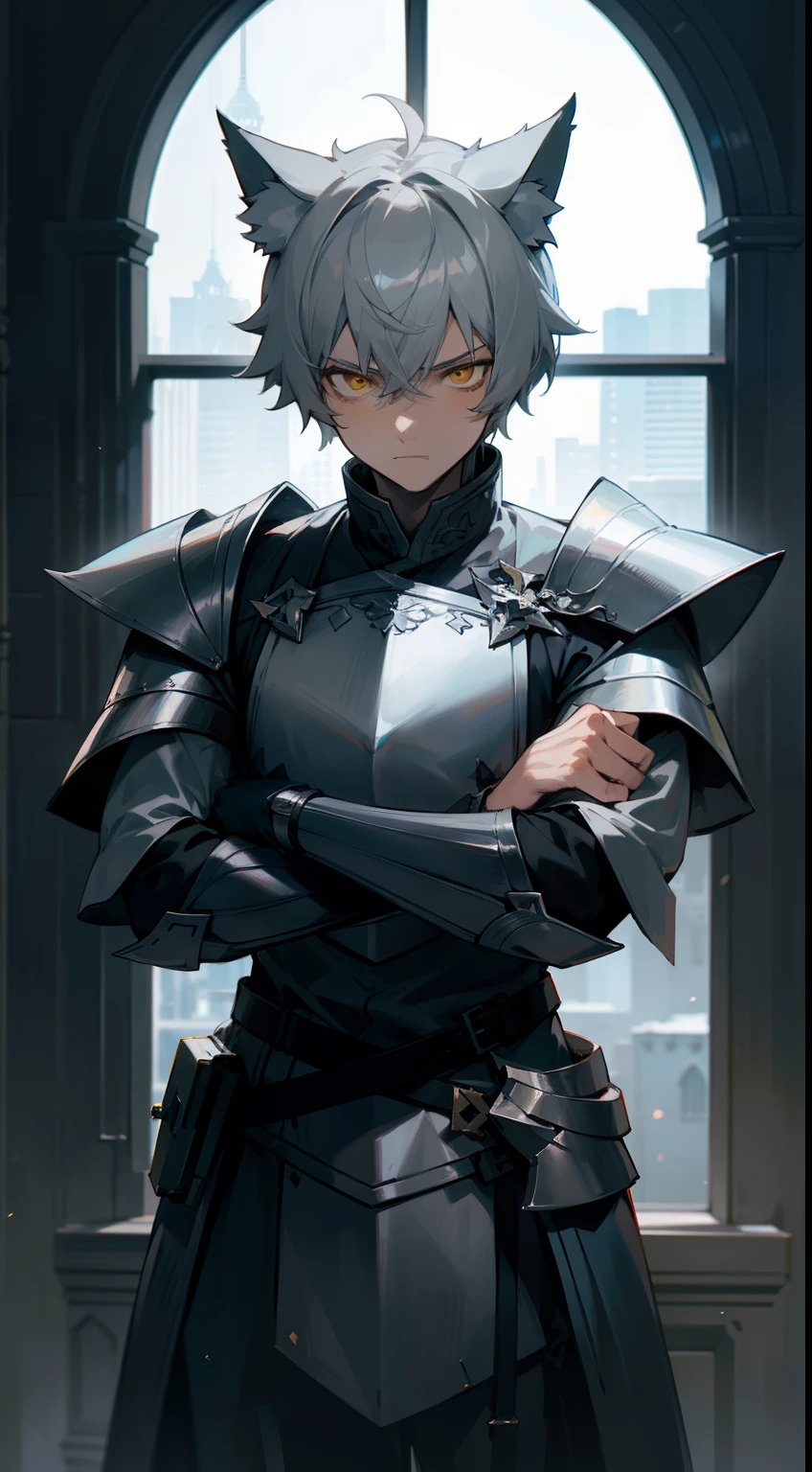1boy,solo,gray hair,short hair,yellow eyes,silver knight outfit, wolf ears,wolf tail,serious face,standing in a window in night,crossed arms,detailed face,masterpiece,hd,best quality,8k,