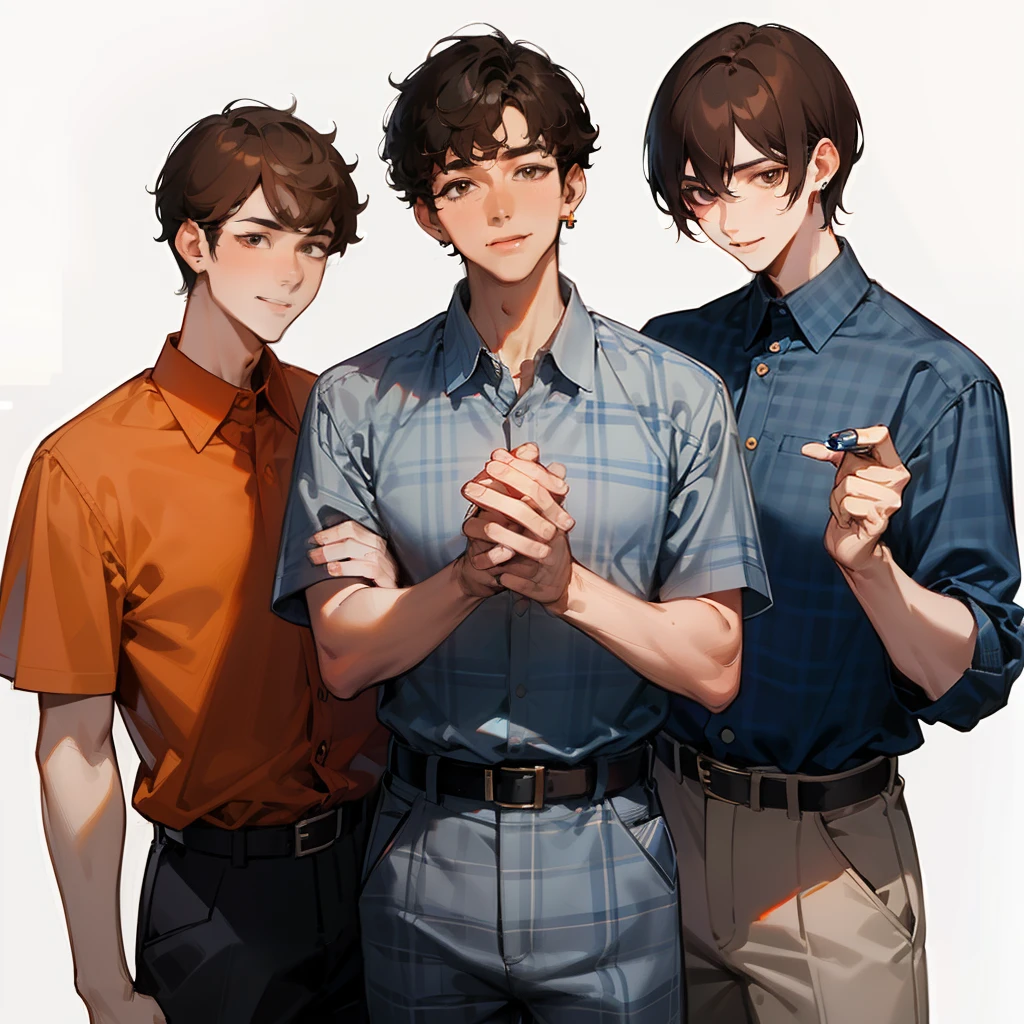 3 men, Black hair, Shirt, Blue Check Shirt, Short hair, Big lips, Man in white and light gray checked shirt, Man in blue checked shirt and earrings, simple earrings, Brown hair with perm Short man, Orange Plaid Shirt, Belt bag, Smile, shapely fingers、年轻、slender、3some