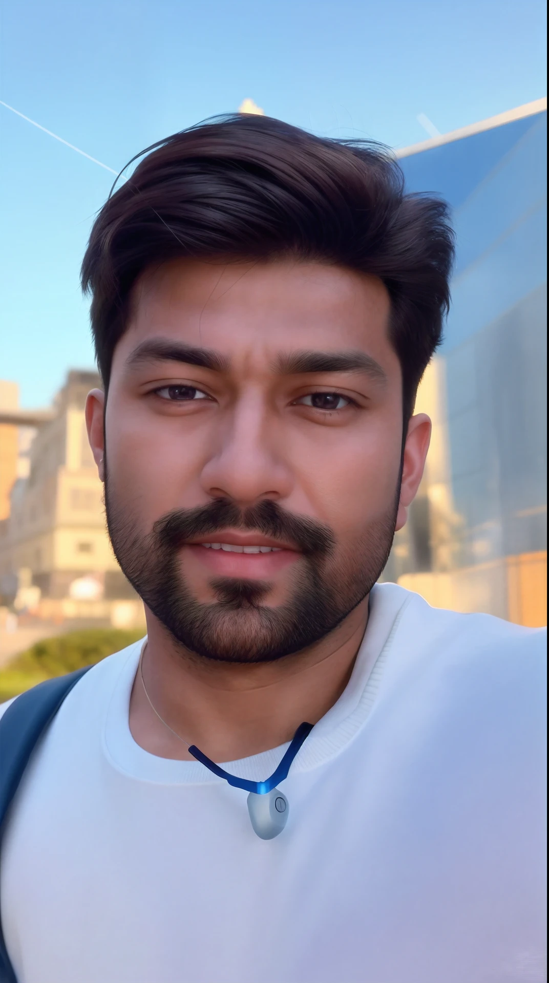 there is a man with a backpack and earphones on, with accurate face, without beard, portait photo profile picture, good looking face, 8k selfie photograph, front profile!!!!, with no beard, vinayak, with a small beard, very very low quality picture, facebook profile picture, without beard and mustache, selfie photo, around 20 years old