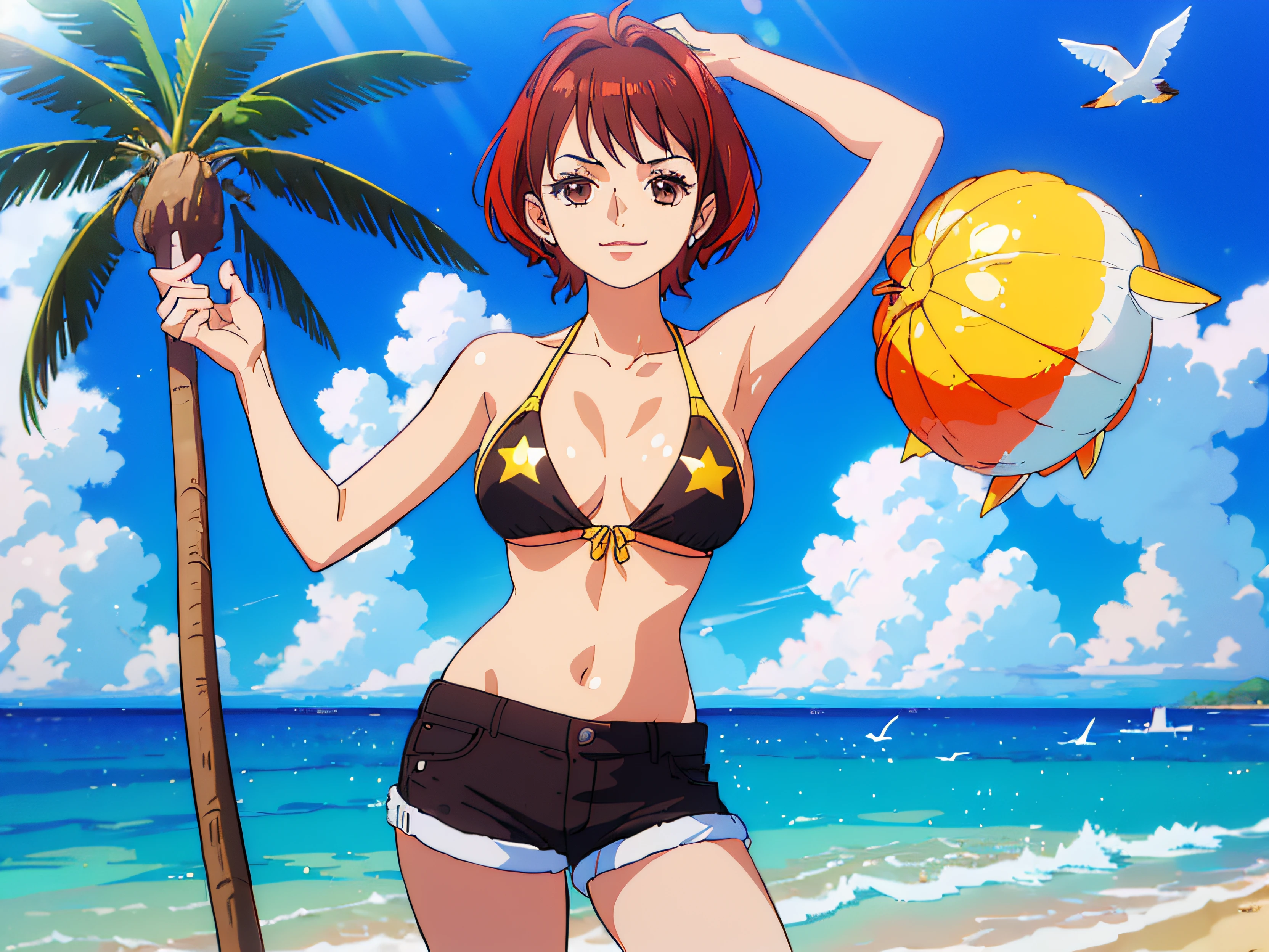 (best quality,4k,highres,masterpiece:1.2),ultra-detailed,anime,girl, 19 years old, short brown hair with red highlights,brown eyes,black bikini with star,jean shorts,beach scene,ocean waves crashing,clear blue sky,sparkling sand,seagulls flying,tropical palm trees,playful smile,dynamic pose,morning sunlight,soft lighting,vibrant colors,lush greenery,scenic view.