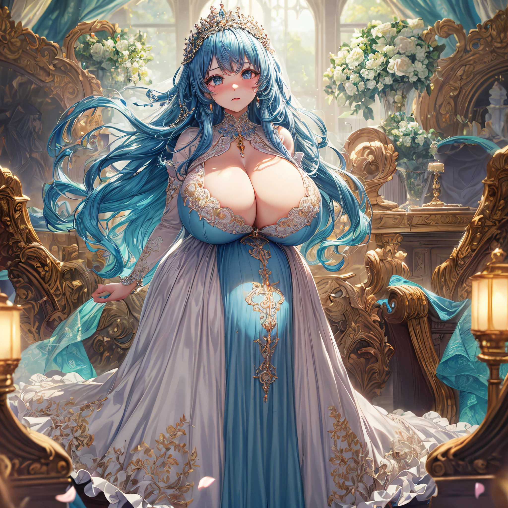 (masterpiece, best quality,extremely detailed:1.1),(moe anime art style:1.2),1girl,((full body,focus face)),((solo)), cute, kawaii,digital art,((1 bling-bling pregnant princess wearing beautiful embroidery and jeweled gorgeous ballgown with jeweled voluminous full length hoop skirt)),(((heavily pregnant))),very big pregnant belly,((crinoline)),long train,voluminous frills,See-through,(gorgeous embroidery and beautiful lace),((very gigantic boobs,skindentation)),cleavage,shiny hair,(((very long hair))),((embarrassed)),anguish,((finely detailed face and eyes)),clear pupil,extremely gorgeousfull hair ornament,(bling-bling jeweled extremely gorgeousfull tiara),(bling-bling gorgeous gemstone jewelry),long veil,beautiful background,fantasy background,flowers,flower petals flowing,full body,((beautiful embroidery and jeweled ruffled gorgeous ballgown with voluminous full length hoop skirt))