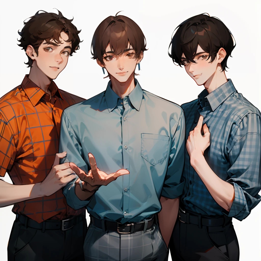 3 men, Black hair, Shirt, Blue Check Shirt, Short hair, Big lips, Man in white and light gray checked shirt, Man in blue checked shirt and earrings, simple earrings, Brown hair with perm Short man, Orange Plaid Shirt, Belt bag, Smile, shapely fingers、年轻、slender、3some