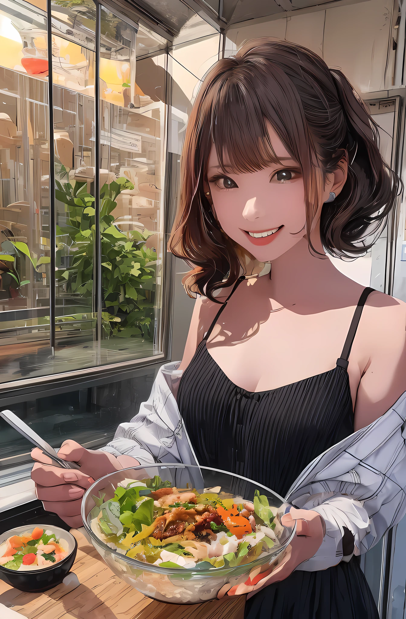 (full body:1.5), (absurdres, highres, ultra detailed,dynamic angle, cinematic lighting), BREAK, (Best Quality, Beautiful detailed), absurdres, highres, 8K,(detailed background),(small parts), BREAK, (Cute Pajamas), (( Girl in cute pajamas drinks coffee while watching the fantastic morning sun on stylish terrace):1.6, smile, drinks coffee, stylish terrace, finaly detailed background), BREAK, "((1 cute girl)), (detailed facial features), nffsw, Perfect Style, Beautiful face, Anatomically correct, Highly detailed face and skin texture, Glossy skin, Ayana_2nd, beautiful eyes, standing on beautiful eyes, smiling eyebrows, (smile:1.5), ((messy hair with ahoge brown hair:1.5), (The color of the girl's eyes is dark brown:1.2), BREAK, (stylish terrace,(opne terrace):1.5),