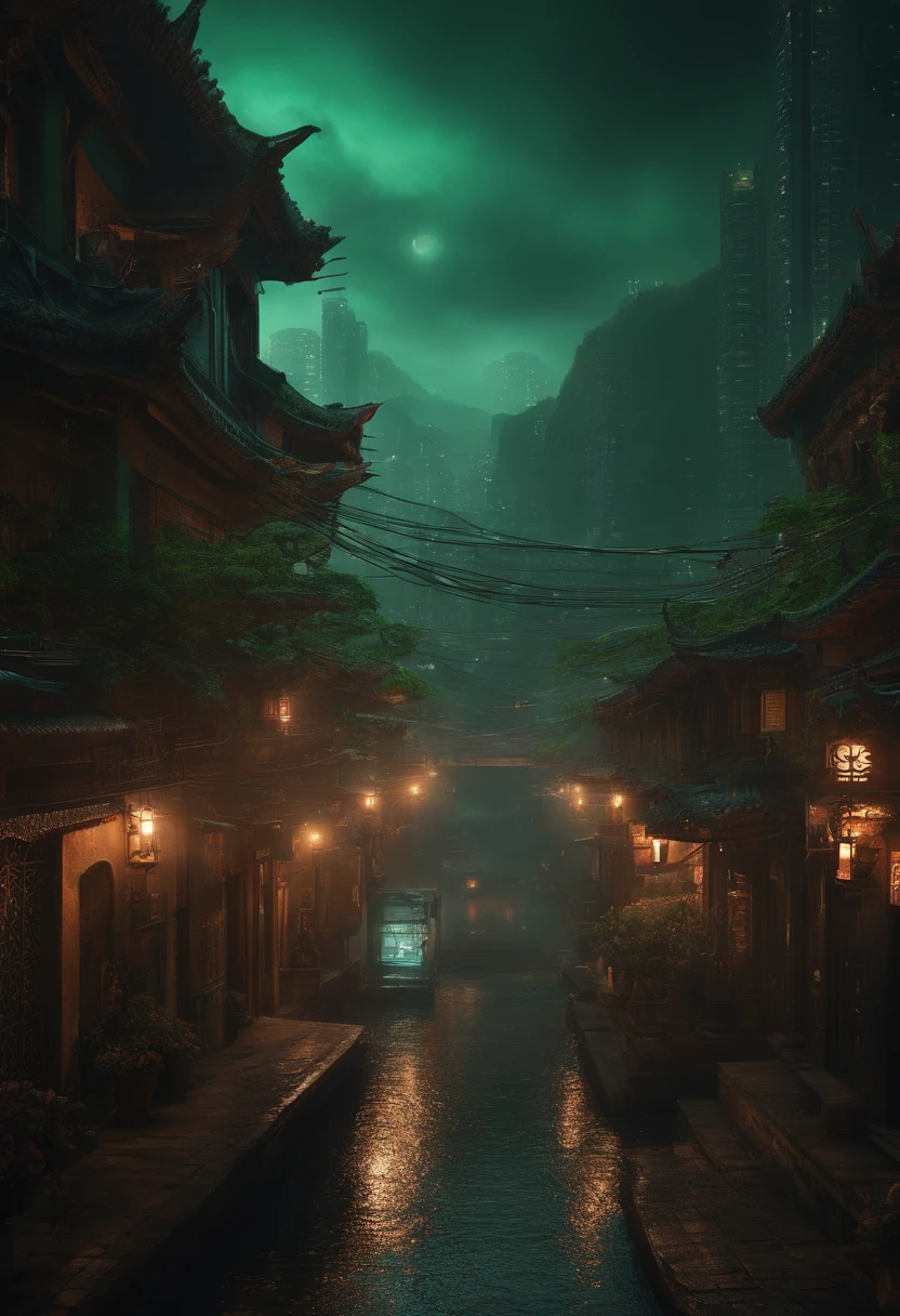 A cyberpunk city from a science fiction movie, con una noche envuelta en una neblina verde, un puente antiguo, A strange story shop from a Chinese studio, linternas rojas, fantasmas vagando por las calles, una ciudad irregular, placas de circuitos, Intricate cables and super technology.