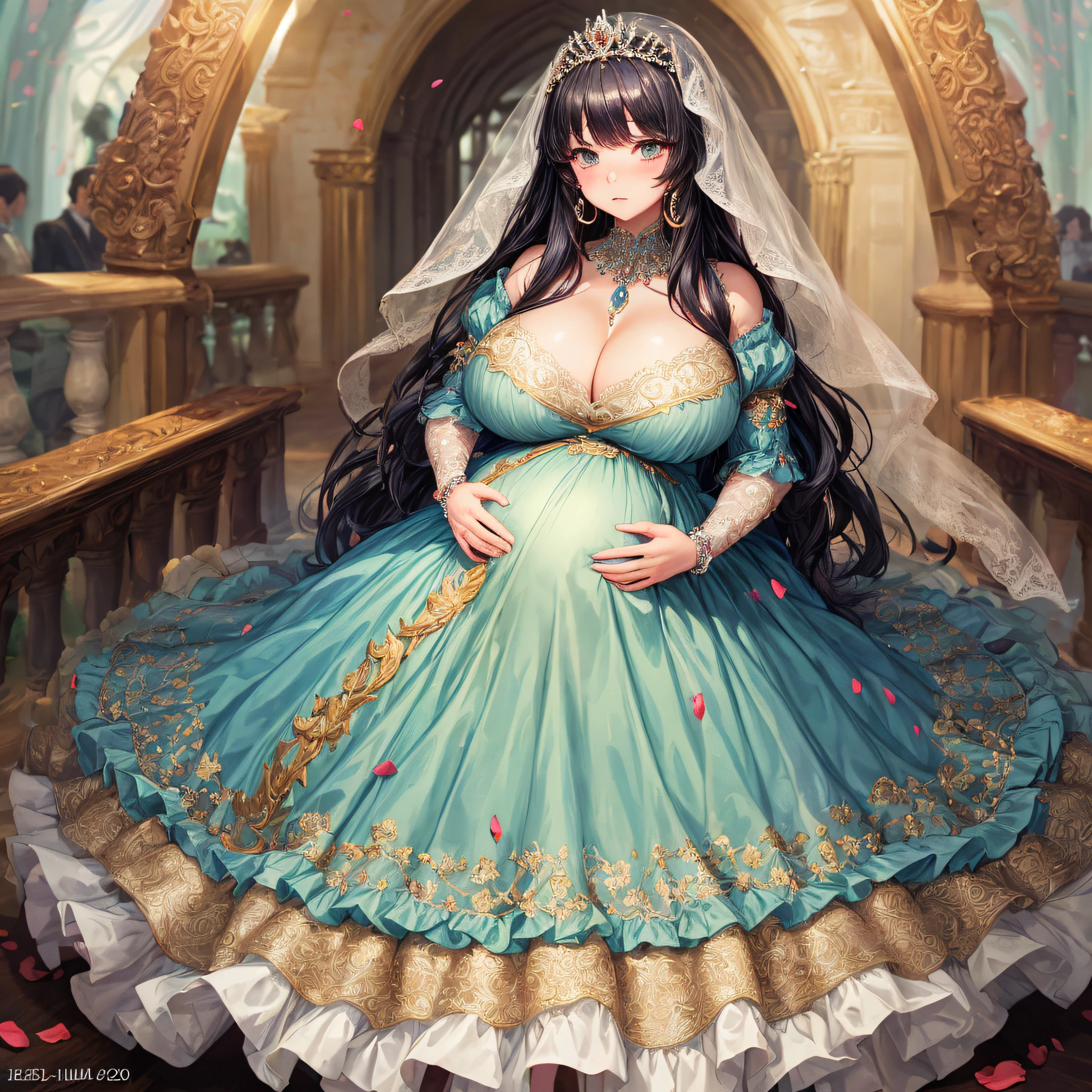 (masterpiece, best quality,extremely detailed:1.1),(moe anime art style:1.2),1girl,((full body,focus face)),((solo)), cute, kawaii,digital art,((1 bling-bling pregnant princess wearing beautiful embroidery and jeweled gorgeous ballgown with jeweled voluminous full length hoop skirt)),(((heavily pregnant))),very big pregnant belly,((crinoline)),long train,voluminous frills,See-through,(gorgeous embroidery and beautiful lace),((very gigantic boobs,skindentation)),cleavage,shiny hair,(((very long hair))),((embarrassed)),anguish,((finely detailed face and eyes)),clear pupil,extremely gorgeousfull hair ornament,(bling-bling jeweled extremely gorgeousfull tiara),(bling-bling gorgeous gemstone jewelry),long veil,beautiful background,fantasy background,flowers,flower petals flowing,full body,((beautiful embroidery and jeweled ruffled gorgeous ballgown with voluminous full length hoop skirt))