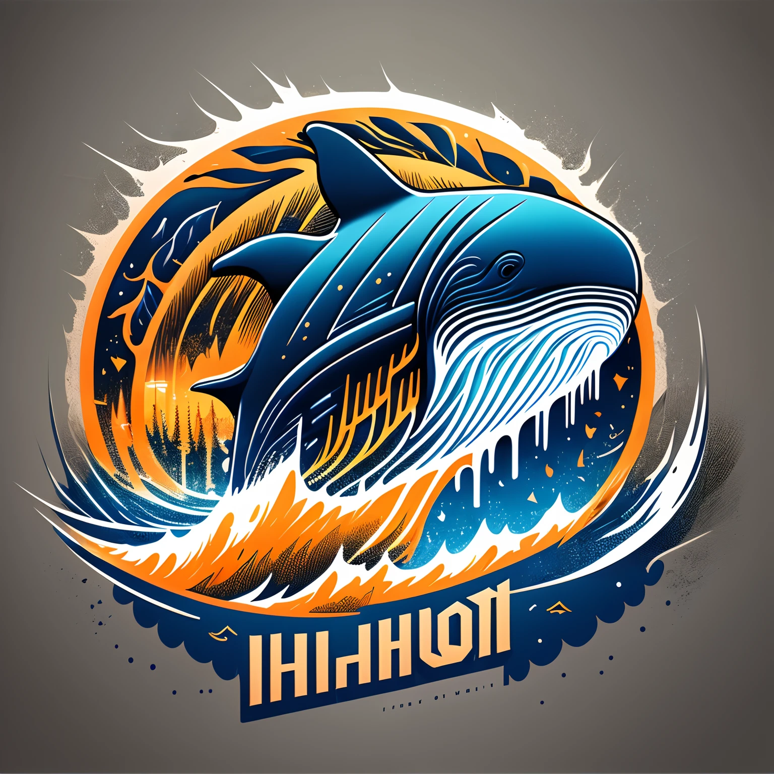Logo with Harbour Bay Mouth text, Wave Line Art Logo, Black and Dark Blue Background, Bright Blue, Bright Orange, Minimum and Pure — Whale, Simple, Ultra Detailed, Detailed Drawing, Vectorization, Silhouette, 8k.