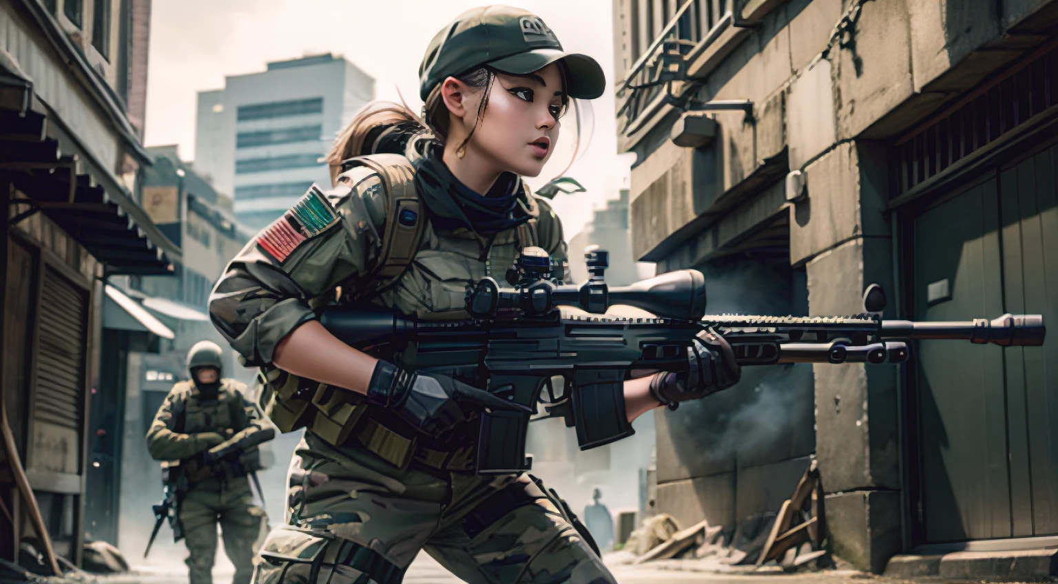 8K, realistic photo, realistic skin texture, Beautiful Japanese women in the US military、Outside the ruins of a giant American supermarket、Operation End、Car buried in rubble、Automatic rifle、Bulletproof vest、Exhaustion、Giving a fist bump to other team members、Rescue the hostage safely、backpack、boots、Covered in scars、Dynamic pose、Innovative composition