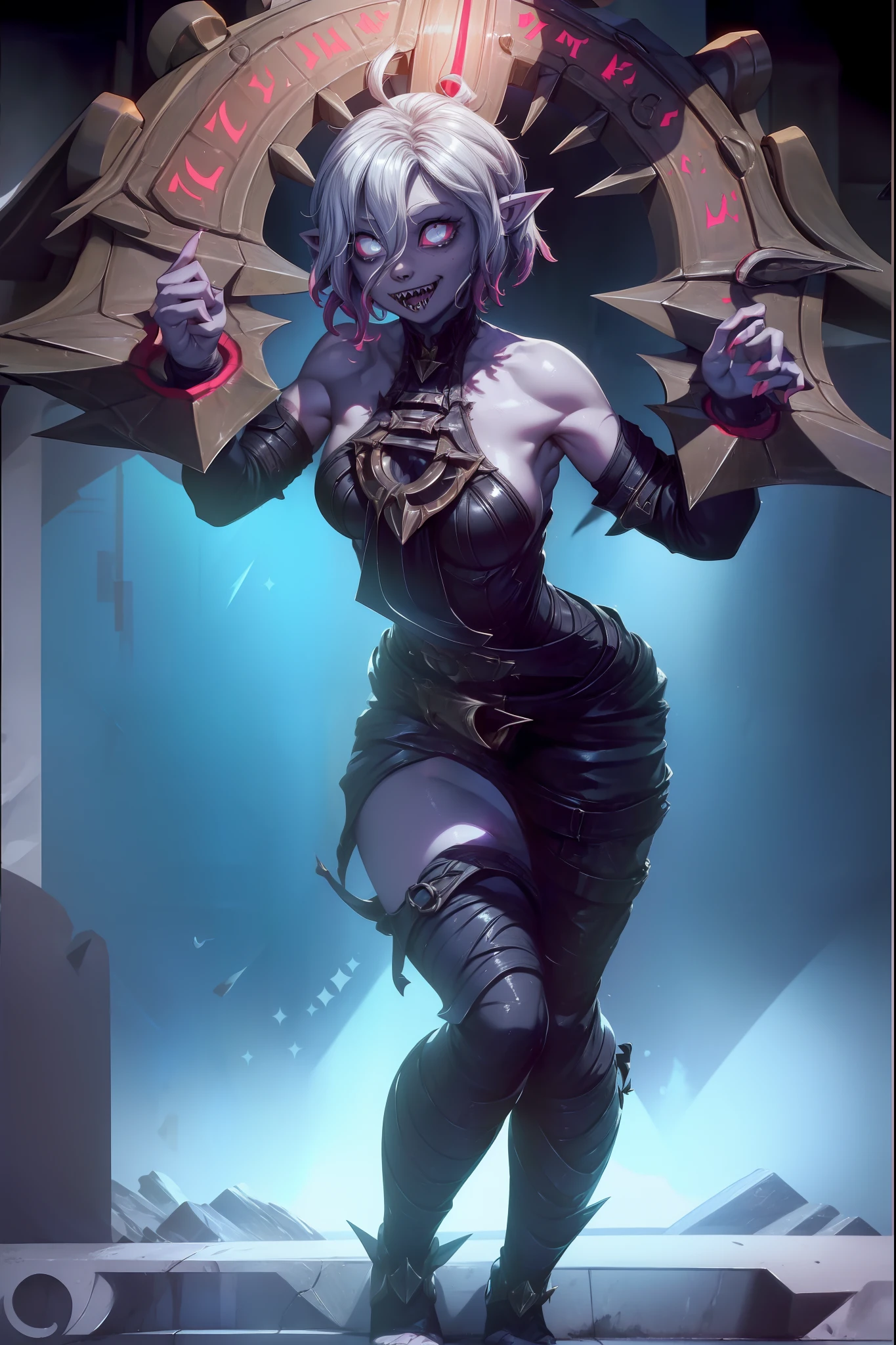 (masterpiece, best quality, ultra-detailed), 1girl, BriarLoL, grey skin, white hair, short hair, (pointy ears, sharp teeth), looking at viewer, standing, full body, bat wings, standing
