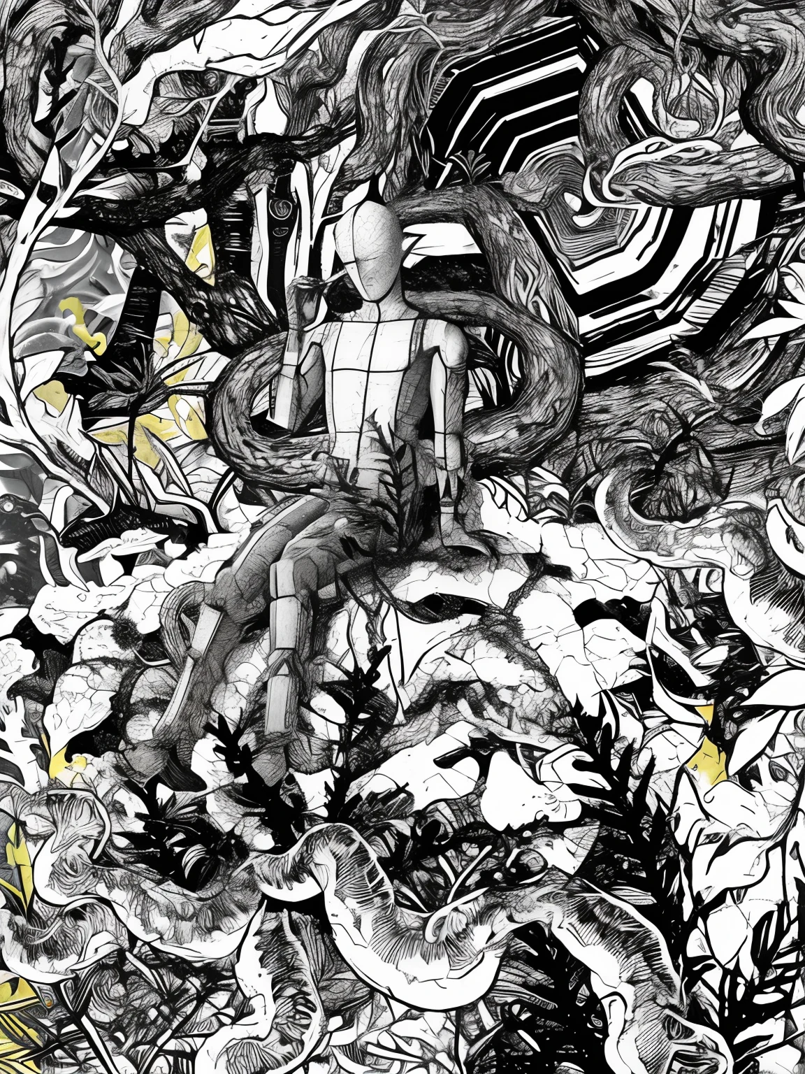 um desenho de um homem sentado em uma pilha de quadrinhos, cybernetic demon dreaming, ito junji arte, Sutil Junji Ito, high contrast illustrations, inspirado em Nathaniel Pousette-Dart, junji ito tons, em uma floresta corrompida, inspirado em Junji Ito, Chaotic composition, high contrast illustration, numa floresta feita de pesadelos