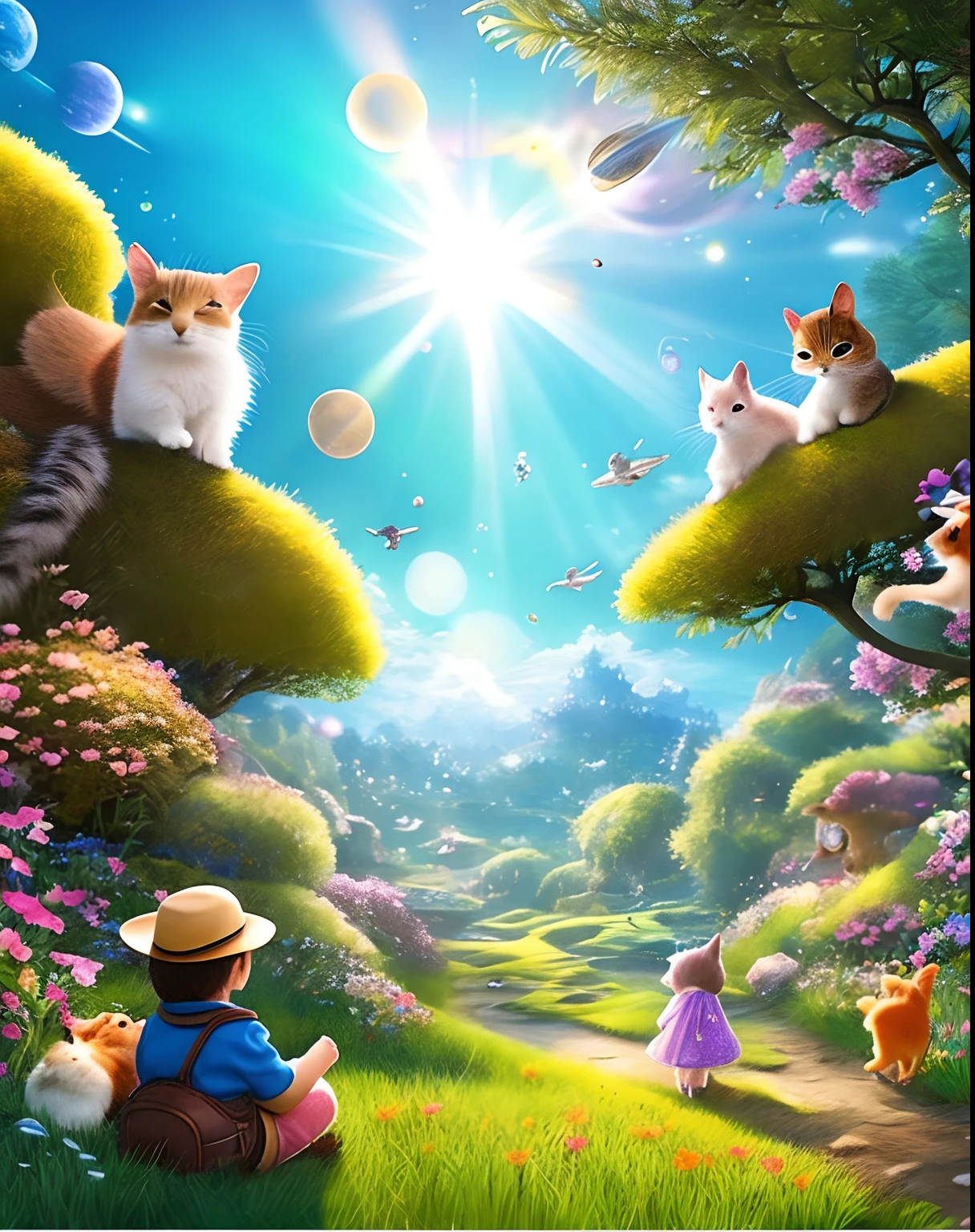This is the world of fairy tales。Anime-like drawings、The place is a meadow where small animals play、Animals play easily。A boy wanders into a meadow、A boy asks an animal to join them。Laughing。There are also girls、a smile。Boy and girl facing stuffed animals、Hareful、a squirrel、birdie、bear、a Dog、Cat、moles、Boys and Girls Kids Expedition、Hats、backpack、Several planets in the blue sky