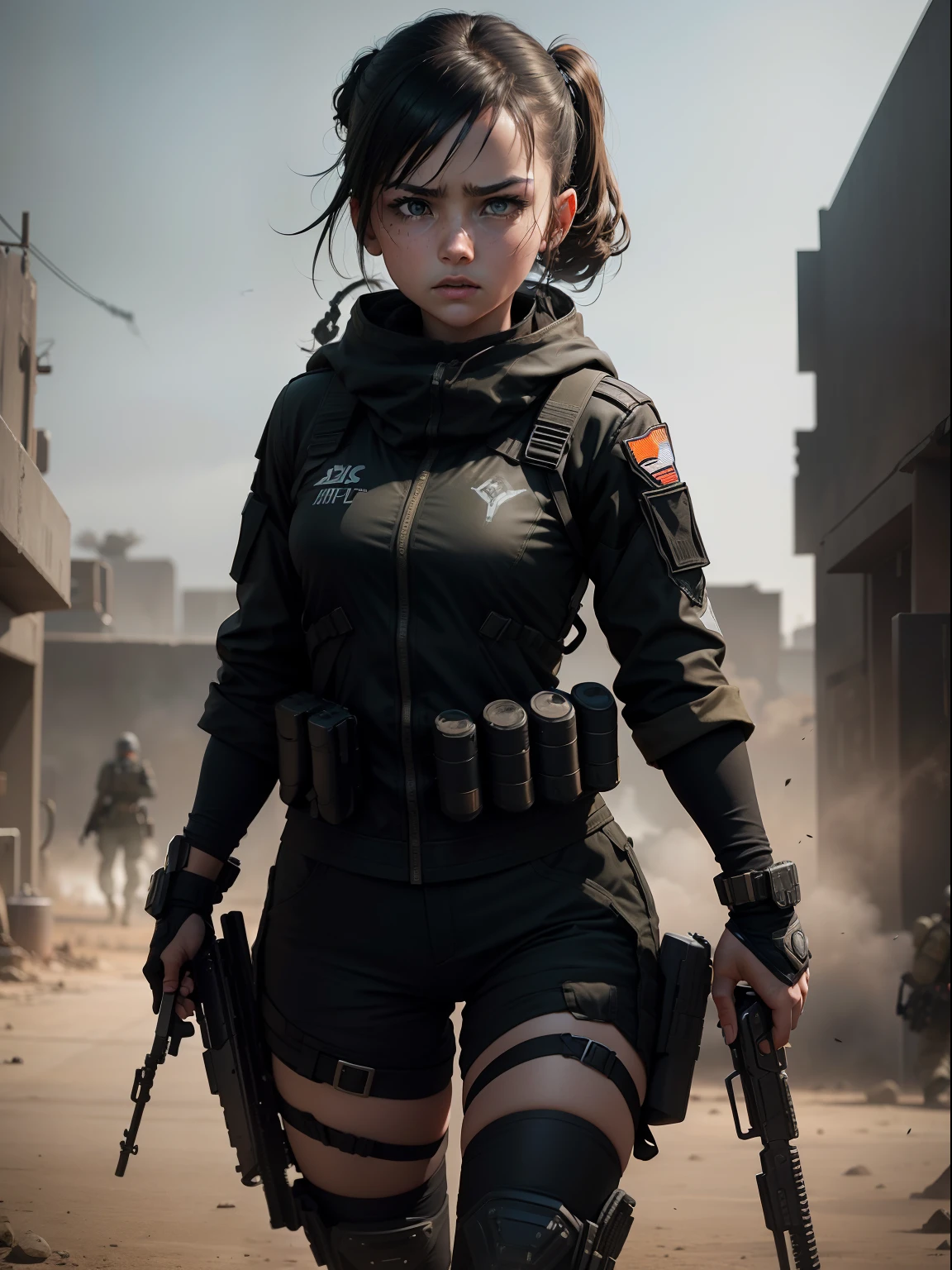 Step into the heart-pounding realm of combat and create a striking image of a girl wearing a Call of Duty: Black Ops suit, complete with guns in her hands. Set the scene against a backdrop of war, capturing the intensity and adrenaline of the battlefield as she exudes confidence and determination