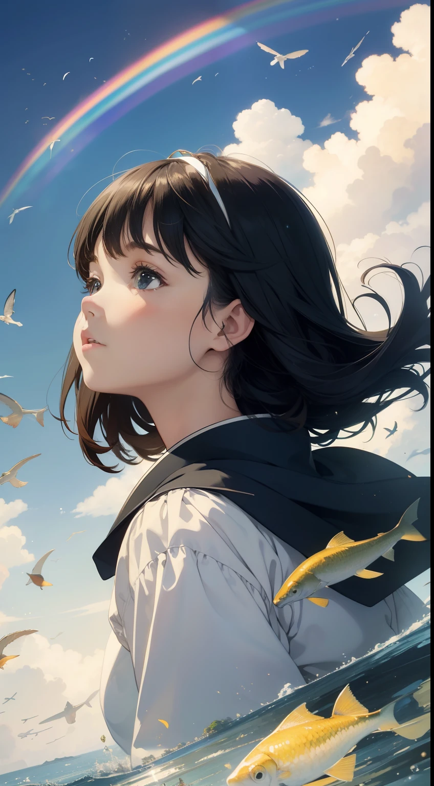 Kate Greenaway, Jessie Willcox Smith, Heikala, Tokyo future scape, blue sky with some clouds, flying cars, floating gold fishes, Japanese high school girl, looking up at rainbow, beautiful face dark hair, hyper detailed, high resolution, high definition, high quality, masterpiece, Japanese anime, manga lines, realistic