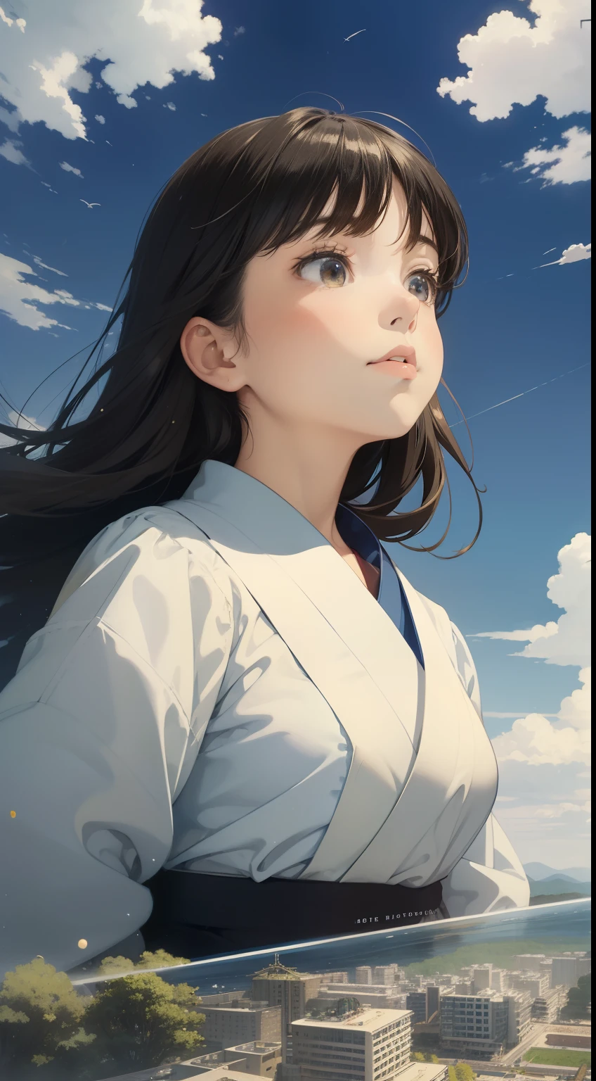 Kate Greenaway,  Jessie Willcox Smith, Heikala, Tokyo future scape, blue sky with some clouds, flying cars, floating gold fishes, Japanese high school girl, looking up at  rainbow, beautiful face dark hair, hyper detailed, high resolution, high definition, high quality, masterpiece, Japanese anime, manga lines, realistic