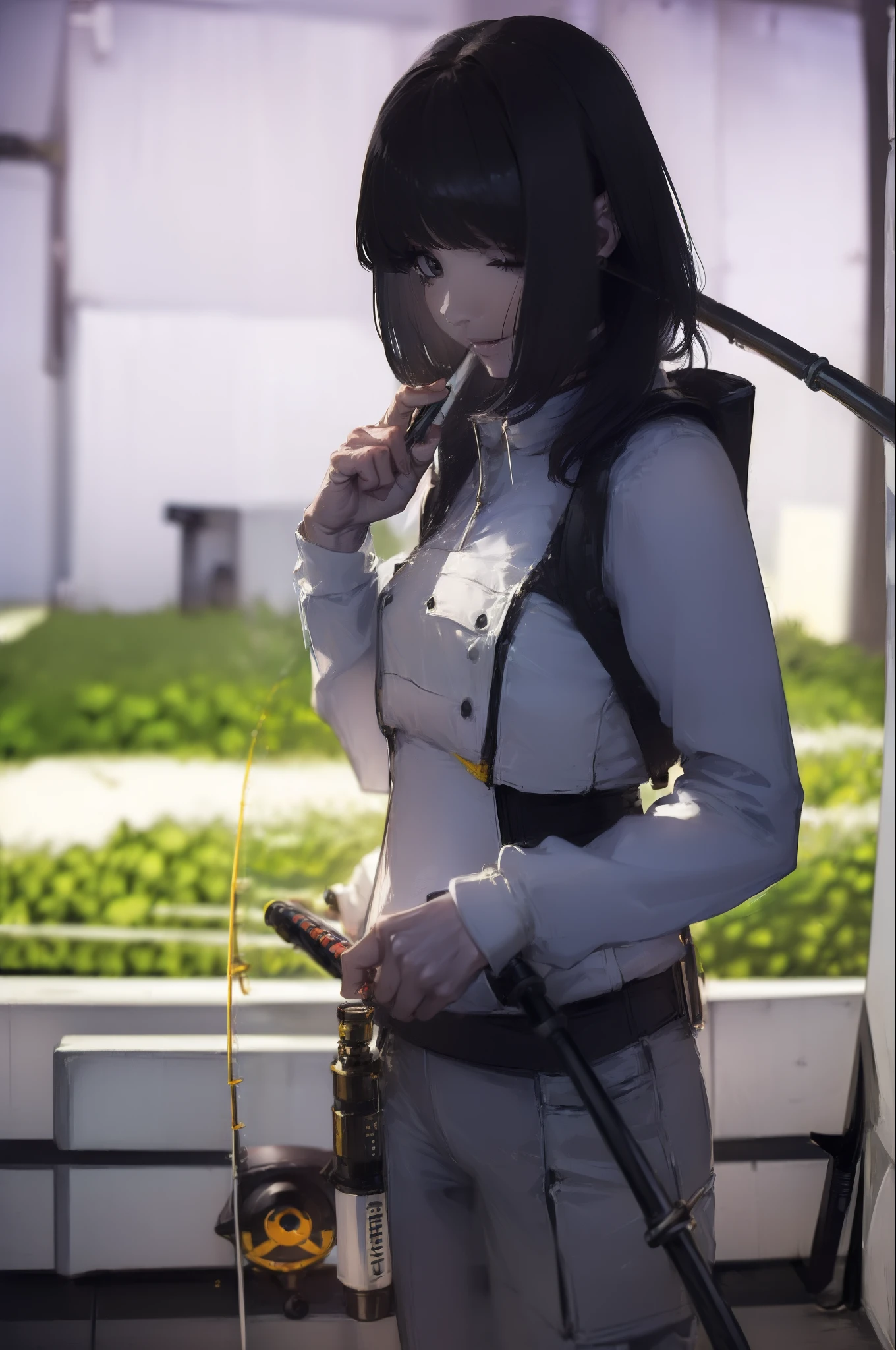 ((((Have a fishing rod with a reel:1.5)))),((Female 28 years old)),((Best Quality:1.5)),(((Hands with the correct number and structure of fingers:1.4))),((Lakeside:1.37)),hight resolution,ultra-detailliert,masterpiece,best qualtiy,(Eight-headed body),(1 fishing rod,Holding a fishing rod in your hand,Fishing lure rod,Fishing Reel,with long sleeve hood,Outdoor Vest,parka,Long pants for fishing,Big backpack),thin and long legs,Beautiful hip line,Beautiful spine,constricted back,Toned waist,beutiful breast),(Fine fingers、Ratio 4 fingers and 1 thumb、detailed arms、detailed human hands),Gentle smile,shiny lip,(1 fishing rod,Straight stretch fishing rod,Long fishing rod,Woman fishing with fishing rod in hand),Black hair, long eyeslashes, Solid Circle Eyes, drop shadow, Atmospheric perspective,Super Detail, ccurate, small brest,top-quality, blurry backround, bokeh dof:1.2, (masterpiece:1.3), Atmospheric perspective,Super Detail,dynamic compositions, Ultra High Quality,
