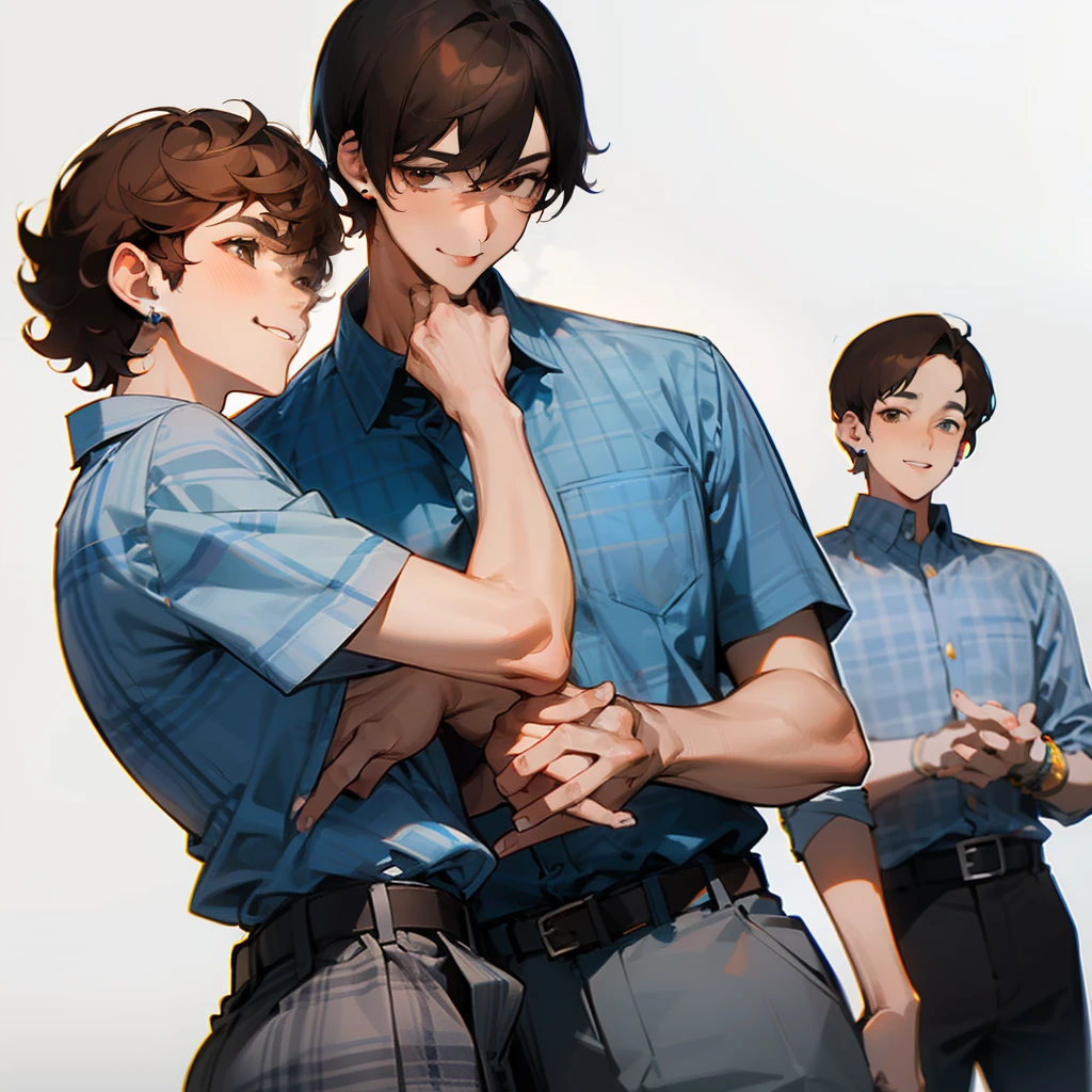 3 men, Black hair, Shirt, Blue Check Shirt, Short hair, Big lips, Man in white and light gray checked shirt, Man in blue checked shirt and earrings, simple earrings, Brown hair with perm Short man, Orange Plaid Shirt, Belt bag, Smile, shapely fingers、年轻、slender、3some