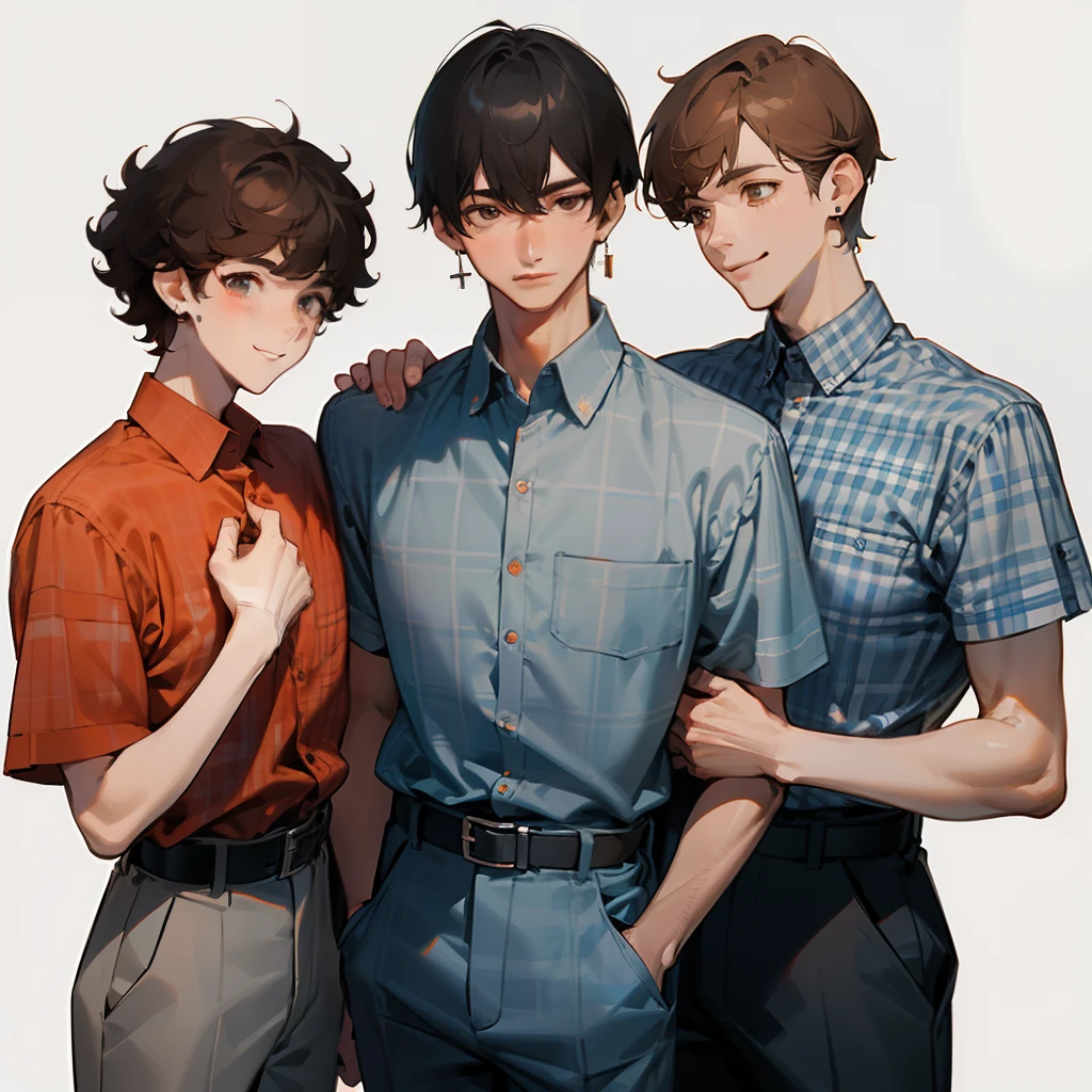 3 men, Black hair, Shirt, Blue Check Shirt, Short hair, Big lips, Man in white and light gray checked shirt, Man in blue checked shirt and earrings, simple earrings, Brown hair with perm Short man, Orange Plaid Shirt, Belt bag, Smile, shapely fingers、年轻、slender、3some