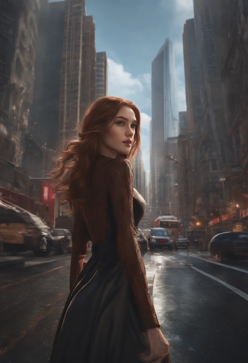 (masterpiece, best quality), intricate details, 8k, artstation, wallpaper, official art, splash art, sharp focus,, 1girl, long hair, twin tails, red eyes, brown hair, ,  spider suit, spider web printing, spider web,  , skyscrapers, city, buildings, cars, street,