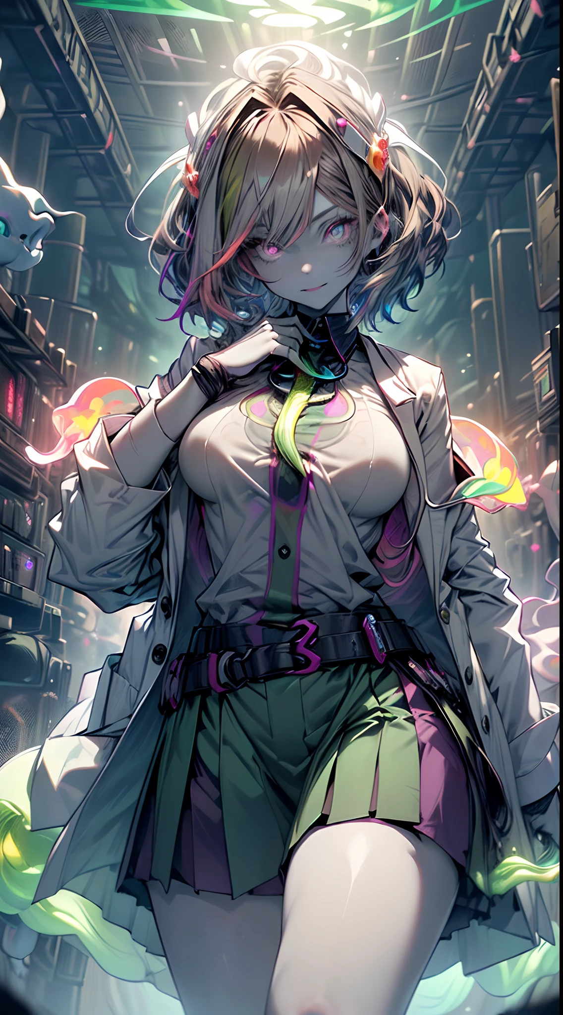 (ghosty:1.85) (doctor:1.5) (nurse:0.65) girl, (white doctor coat:1.4), (spirit, spiritual:1.2), 1girl, perfect and well designed glowing shiny eyes, (beautiful detailed eyes:1.05), natural medium breasts, slim body, beautiful and delicate cute face, (face detail), ((realistic face)), pores, ((pale grey skin)), detailed skin, realistic skin, (((bioluminescence))), ((shiny skin)), (multicolored gradation skin), (monster girl:1.25), human face, medium length hair, hair voluminous, (((((multicolored gradation hair))))), (dark-haired:1.65), super high resolution, 8k, parameters Best quality, (masterpiece:1.4), (magic accessories:1.4), bracelets, extremely detailed thick tight ((white:1.5), (green:1.2), (pink:0.5)) (medical uniform:1.5), (shirt:1.7), (skirt:1.3), (standing nipples under cloth:1.2), (neckline:1.3), (cleavage:1.2), (decolette:1.5), Young Girl, Little Beast, (Smile:0.9), (pale Skin:1.85), ultra detailed, photorealistic, ((Real image)), (best quality:1.4), super high resolution, (Realistic 2.0), More details, (((1girl))), {(medical ward:1.2)|(doctor office:1.2)}, (beautiful and aesthetic:1.2), (fractal art:1.4), (cinematic light:1.1), (close DUTCH ANGLE:1.2), 16K, HDR, RTX, Ray Tracing, Radiosity, Anisotropic Filtering, Subsurface Scattering, (((magic lights))), metallic reflections, Detailed, Realistic, 4k highly detailed digital art, (cool_color), extremely detailed CG unity 8k wallpaper, vibrant colors, (seductive pose:1.6)