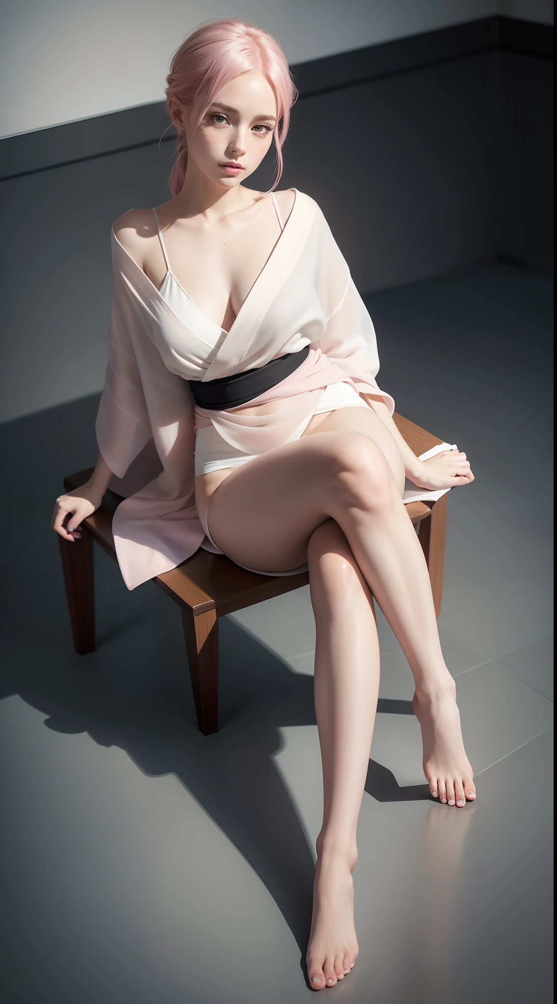 (Sitting,crossed legs:1.3),dynamic pose,(shot from above:1.3),1girl,pale skin,pink hair,delicate face,heterochromia eyes,freckles,(black linen kimono:1.3,short shorts),small waist,(wide thigh gap:1.3,wide thighs:1.3),white background,(best quality:1.2,ultra-detailed,realistic:1.37),portrait,soft colors,polished lighting