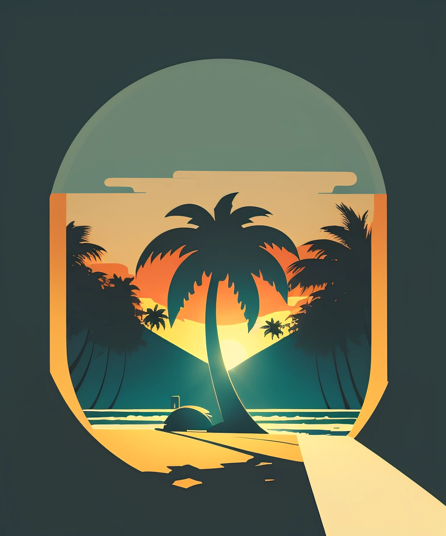 2d vector illustration, tshirt design for summers, palm trees, (surf: 1.1), (combi), sunrays, (best quality, masterpiece: 1.3), minimalist, (8 colors)