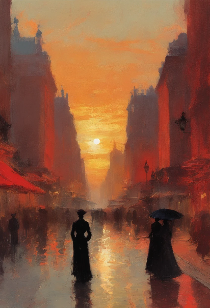 impressionism, Childe Hassam, Ramon Casas, John Atknson Grimshaw, Frederic Remington, red sunlight, scenery, sunset, city,