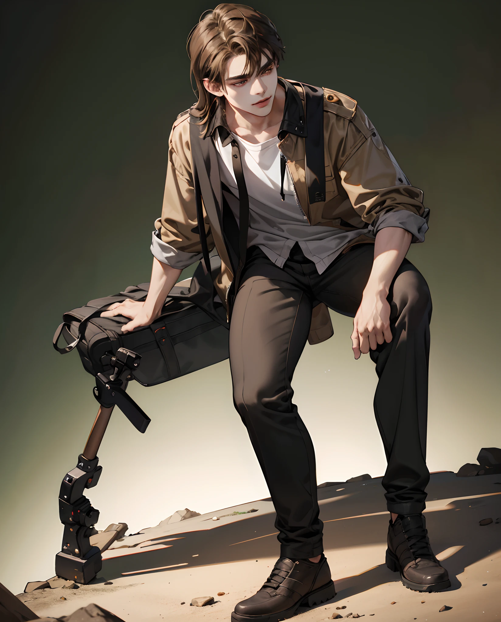 FULL BODY, center portrait, 18-year-old boy, dark skin, Clothing style comfortable, Hyper-realistic, full body portrait, long brown hair, clothes: green, sharp focus, cinematic lighting, highly detailed, intricate details, plain brown background
