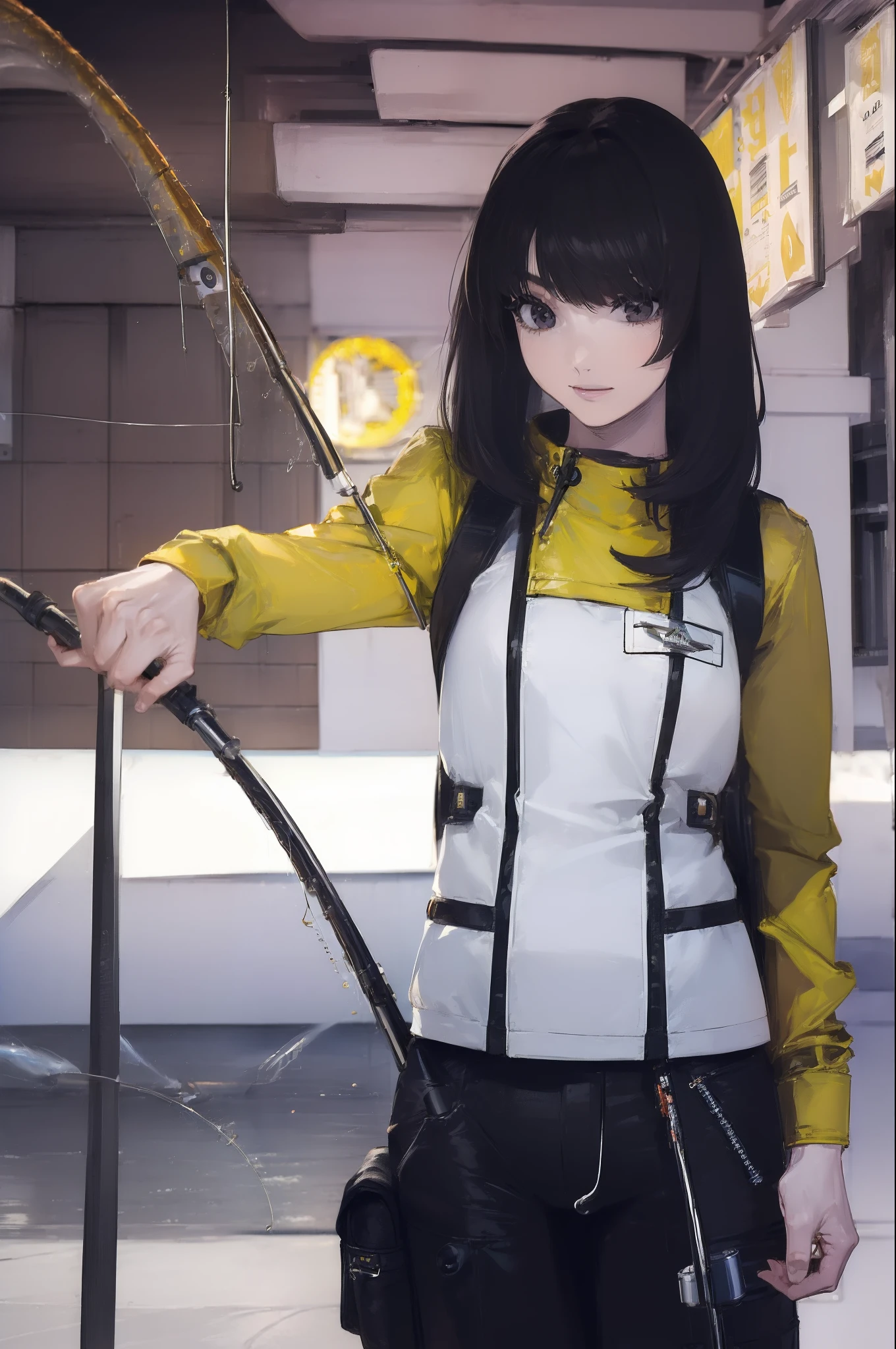 ((((Have a fishing rod with a reel:1.5)))),((Female 28 years old)),((Best Quality:1.5)),(((Hands with the correct number and structure of fingers:1.4))),((Lakeside:1.37)),hight resolution,ultra-detailliert,masterpiece,best qualtiy,(Eight-headed body),(1 fishing rod,Holding a fishing rod in your hand,Fishing lure rod,Fishing Reel,with long sleeve hood,Outdoor Vest,parka,Long pants for fishing,Big backpack),thin and long legs,Beautiful hip line,Beautiful spine,constricted back,Toned waist,beutiful breast),(Fine fingers、Ratio 4 fingers and 1 thumb、detailed arms、detailed human hands),Gentle smile,shiny lip,(1 fishing rod,Straight stretch fishing rod,Long fishing rod,Woman fishing with fishing rod in hand),Black hair, long eyeslashes, Solid Circle Eyes, drop shadow, Atmospheric perspective,Super Detail, ccurate, small brest,top-quality, blurry backround, bokeh dof:1.2, (masterpiece:1.3), Atmospheric perspective,Super Detail,dynamic compositions, Ultra High Quality,