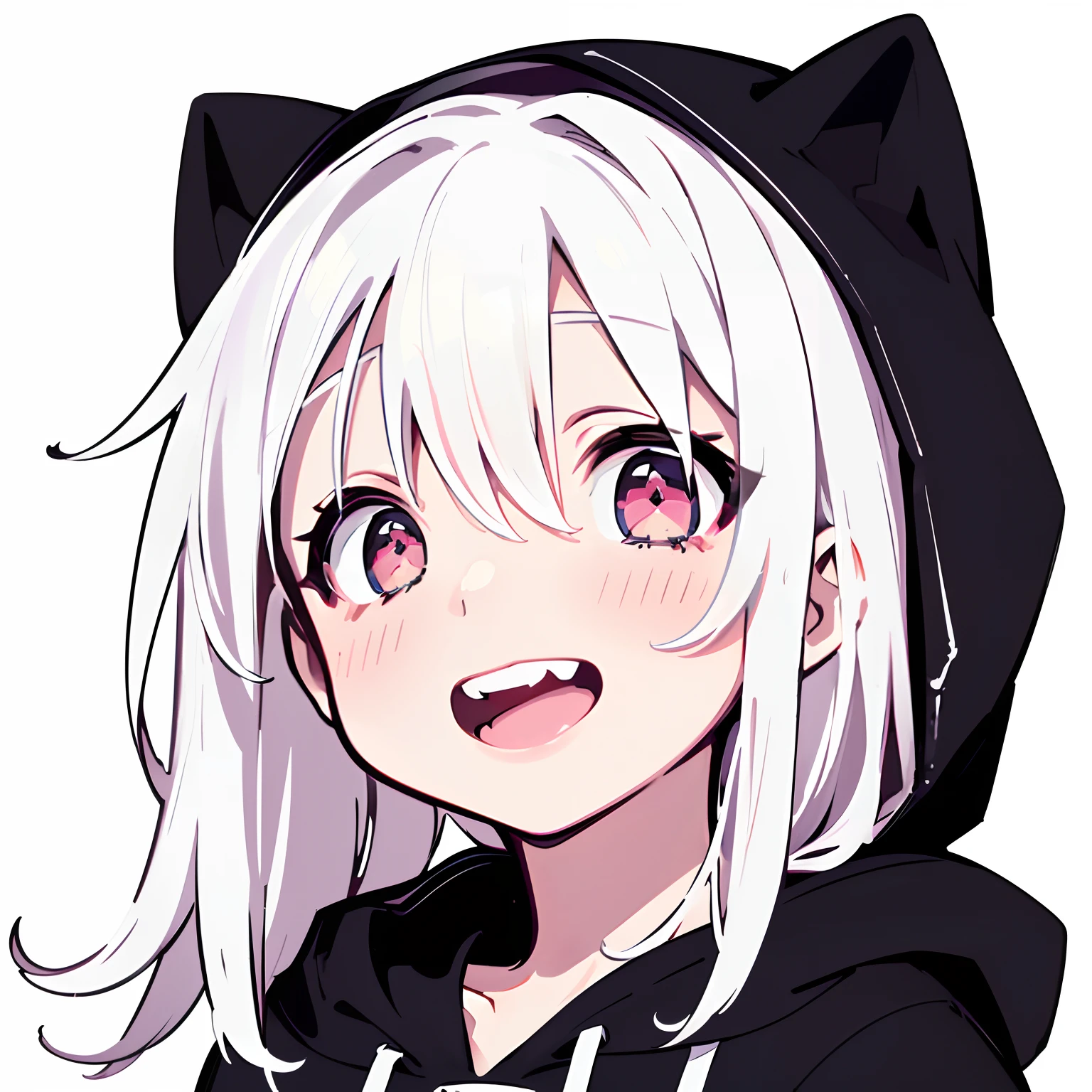 Chibi anime girl with long white hair and red eyes wearing a very cheerful black hoodie