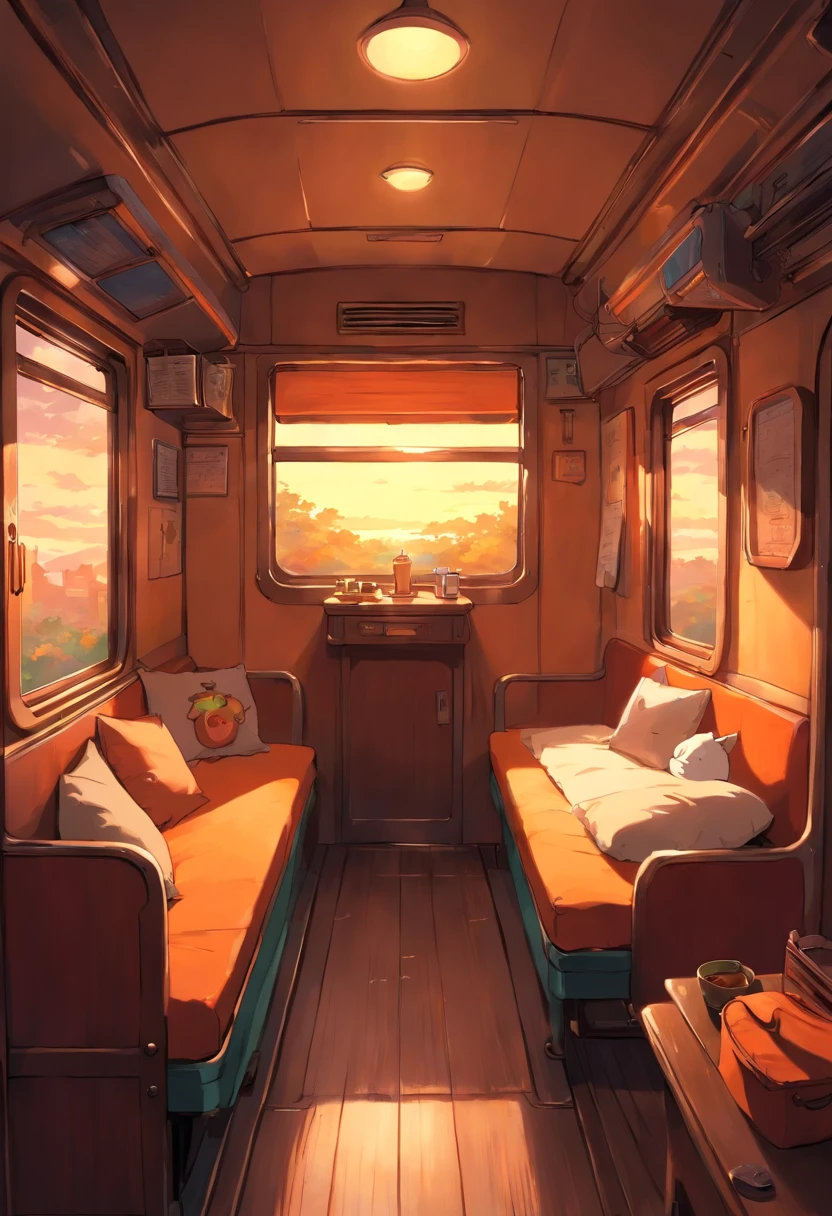 A Cozy room inside a train, comfy bed, window and its night time outside, dim orange light, dark outside, very cozy room inside the train.
