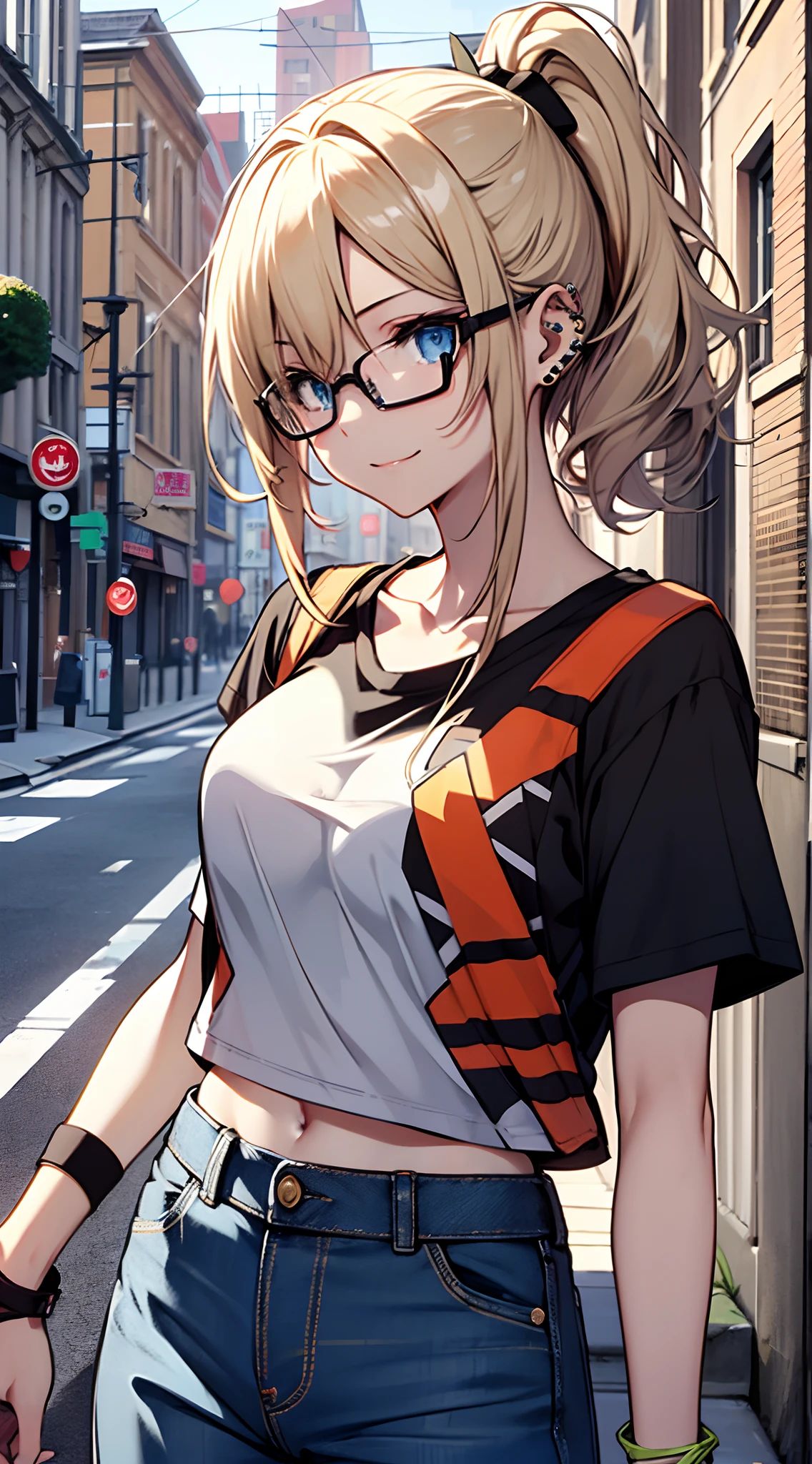 top-quality、Top image quality、​masterpiece、girl with((18year old、tshirts:1.6、shortpants:1.4、Bust 90、a blond、disheveled ponytail、Blue eyes、open chest wide、Happiness、Black wristband on wrist、eye glass、Ear-piercing))、A slender、hiquality、visualart、Background with((In the street))、masutepiece