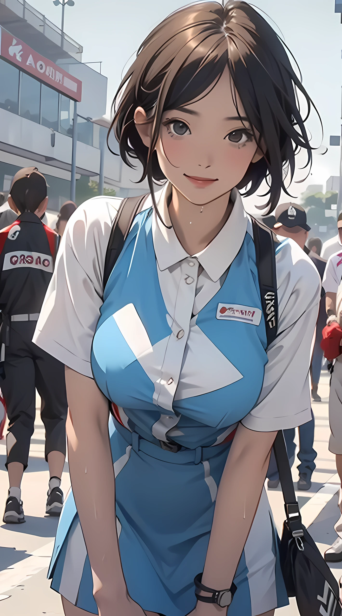 Anime girl in blue dress, oppai, biomechanical oppai, loli in dress, oppai proportions, Ecchi, Big breasts!!, with a big chest, pixiv 3dcg, Big breasts!, (SFW) safe for work, Ecchi anime style, けもの, Seductive Anime Girl, 1girl huge large breasts,、((top-quality)), ((masterpiece)), A smile, Pitch Resuit, Colossal tits, Puffy nipple, knee high, Naughty face, knee high white, Adult Woman, (cum in vaginas:1.3), cum in mouth, (Overflowing G-string:1.5), Sobbing tears, short-cut, White dress, Checkered Mini Skirt, l, Race Queen, A slender, masterpaintings, best qualtiy, Photorealsitic, ultra-detailliert, (shiny skins, perspired:1.4), Watch the crowd, With short black hair, Brown-eyed, slender, dynamic light and shadow, hight resolution, Sharp Focus, depth of view, The eyes are delicate, Sharp pupils, pupil realistic, (Colossal tits), A slender, (thick thight), outside of house, Skysky, Tight skirt, Short skirt, Grid Girl, underboob, Wet_Clothes, Wear the grid_Girl costume printed with sponsor's logo, (Stand in a motorsport race)+, left hand on waist