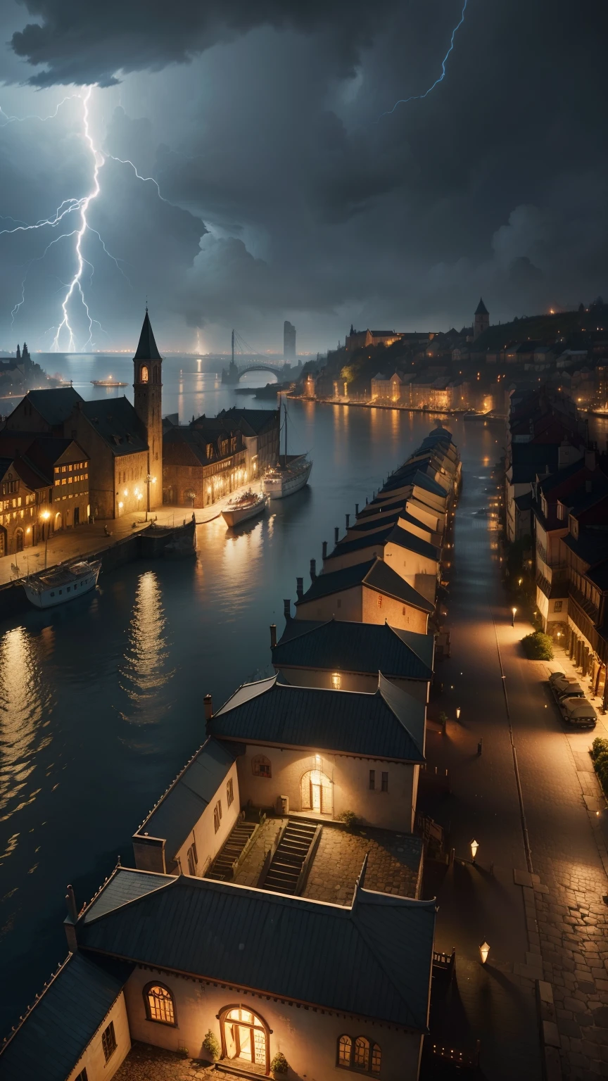 Horror scene, medieval port city, high quality, HDR, super detailed 4k, RPG, storm, detailed background, heavy rain, lightning, aerial view