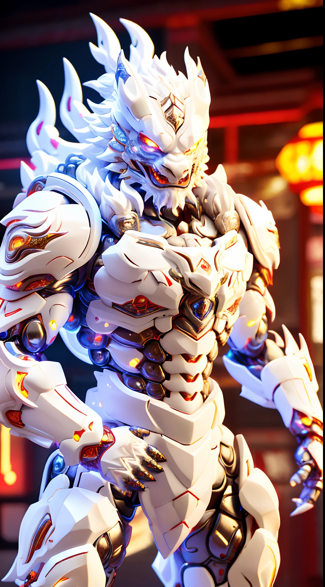 CHINESE DRAGON, WHITE DRAGON HEAD, HETEROCHROMIA EYE, CRYSTAL HEAVY ARMOR, TRANSPARANT, MUSCLE BODY.