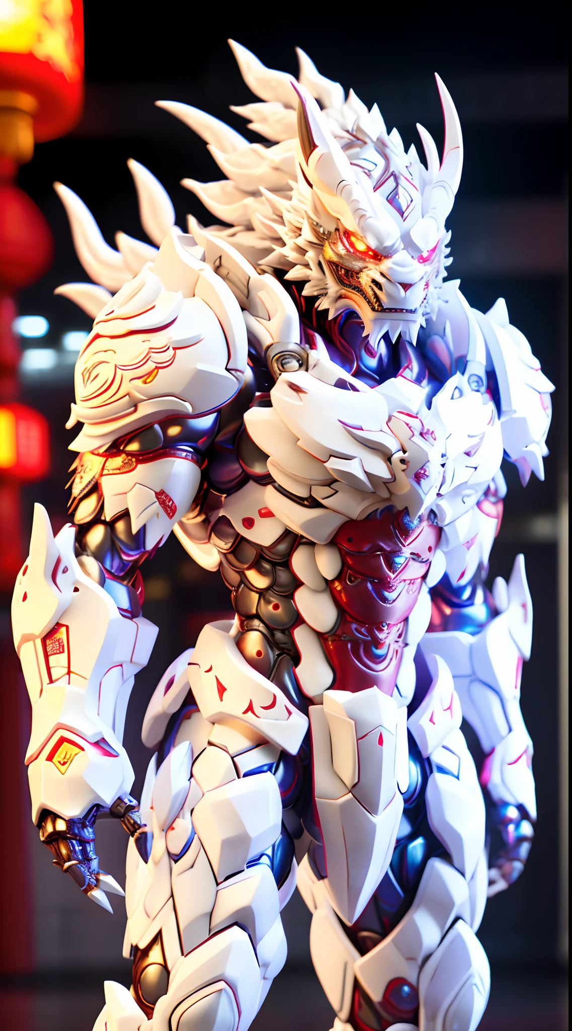 CHINESE DRAGON, WHITE DRAGON HEAD, HETEROCHROMIA EYE, CRYSTAL HEAVY ARMOR, TRANSPARANT, MUSCLE BODY.