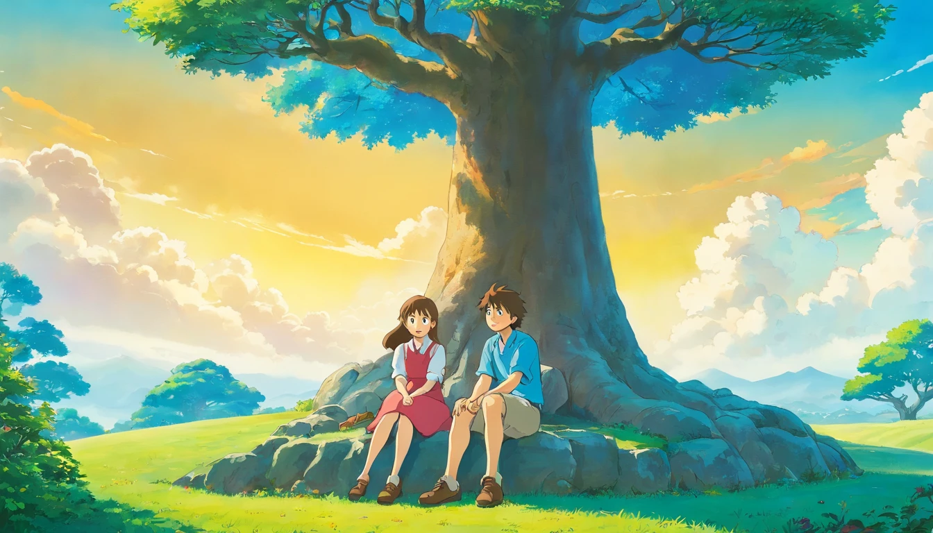 Man and woman sitting under a tree under the blue sky