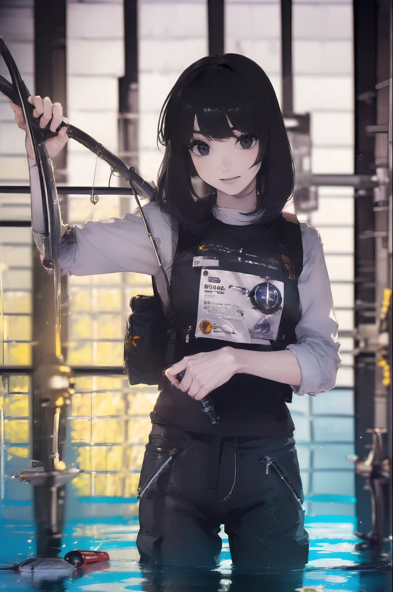 ((((Have a fishing rod with a reel:1.5)))),((Female 28 years old)),((Best Quality:1.5)),(((Hands with the correct number and structure of fingers:1.4))),((Lakeside:1.37)),hight resolution,ultra-detailliert,​masterpiece,best qualtiy,(Eight-headed body),(1 fishing rod,Holding a fishing rod in your hand,Fishing lure rod,Fishing Reel,with long sleeve hood,Outdoor Vest,parka,Long pants for fishing,Big backpack),thin and long legs,Beautiful hip line,Beautiful spine,constricted back,Toned waist,beutiful breast),((Fine fingers、Ratio 4 fingers and 1 thumb,detailed arms,detailed human hands),Gentle smile,shiny lip,(1 fishing rod,Straight stretch fishing rod,Long fishing rod,Woman fishing with fishing rod in hand),Black hair, long eyeslashes, Solid Circle Eyes, drop shadow, Atmospheric perspective,Super Detail, ccurate, small brest,top-quality, blurry backround, bokeh dof:1.2, (​masterpiece:1.3),  Atmospheric perspective,Super Detail,dynamic compositions, Ultra High Quality,