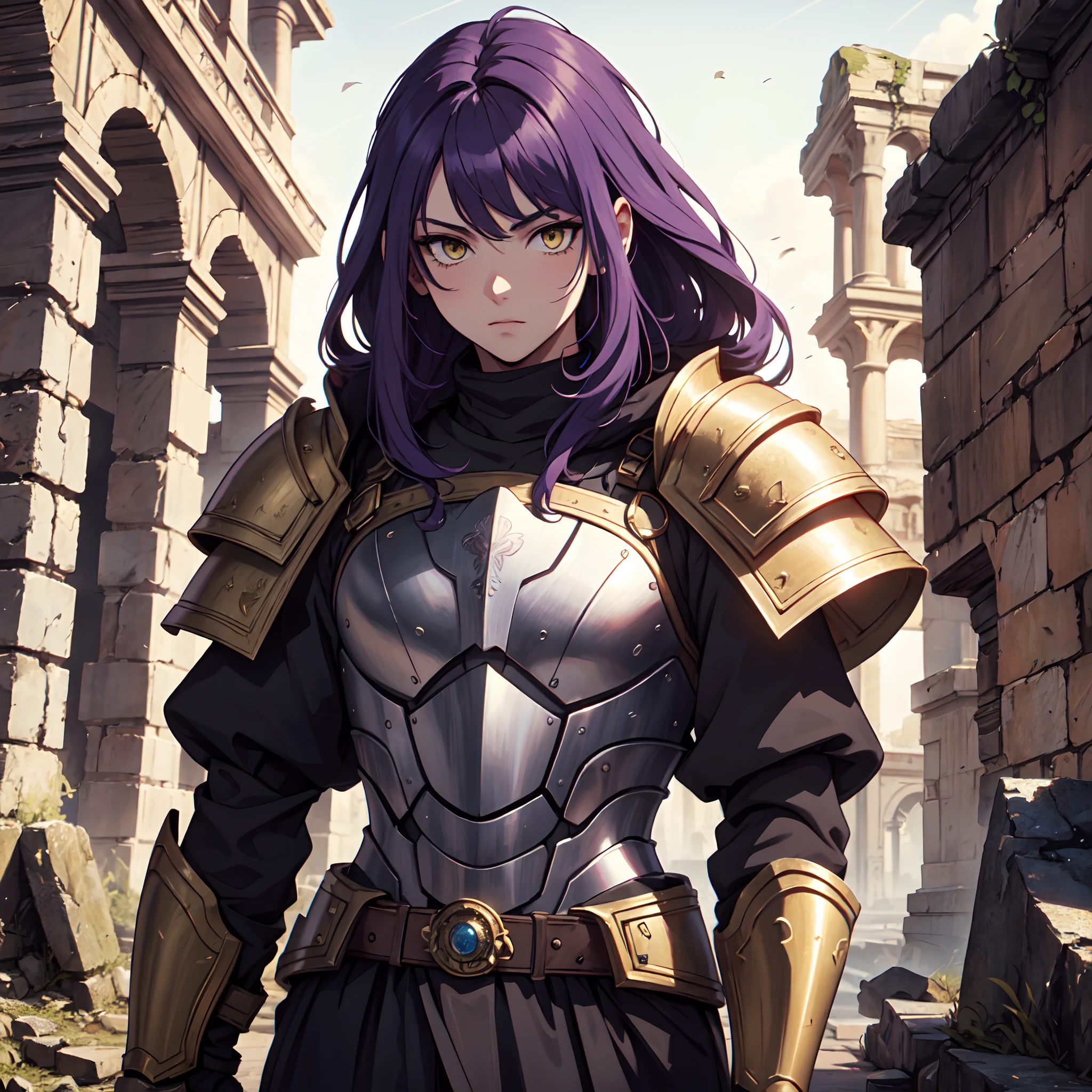 Ultra High Definition,
Ultra High Quality,
Hyper Definition,
Hyper Quality,
Hyper Detailed,
Extremely Detailed,
Perfectly Detailed,
Masterpiece,
8k,
1 Boy,
Anime,
Long Purple Hair,
Under Cut Hairstyle,
Solid Yellow Eyes,
Handsome,
Armored With Roman Emperor Armor,
Body Shot,
Ancient Roman Empire Ruins Background,
