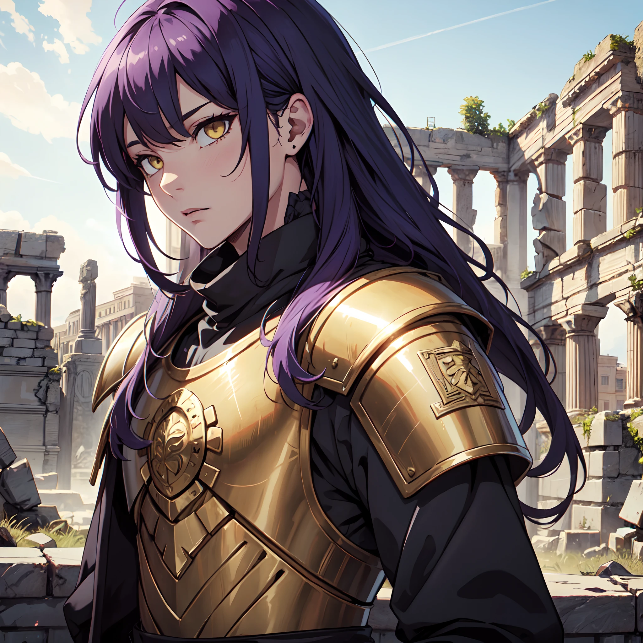 Ultra High Definition,
Ultra High Quality,
Hyper Definition,
Hyper Quality,
Hyper Detailed,
Extremely Detailed,
Perfectly Detailed,
Masterpiece,
8k,
1 Boy,
Anime,
Long Purple Hair,
Under Cut Hairstyle,
Solid Yellow Eyes,
Handsome,
Armored With Roman Emperor Armor,
Body Shot,
Ancient Roman Empire Ruins Background,