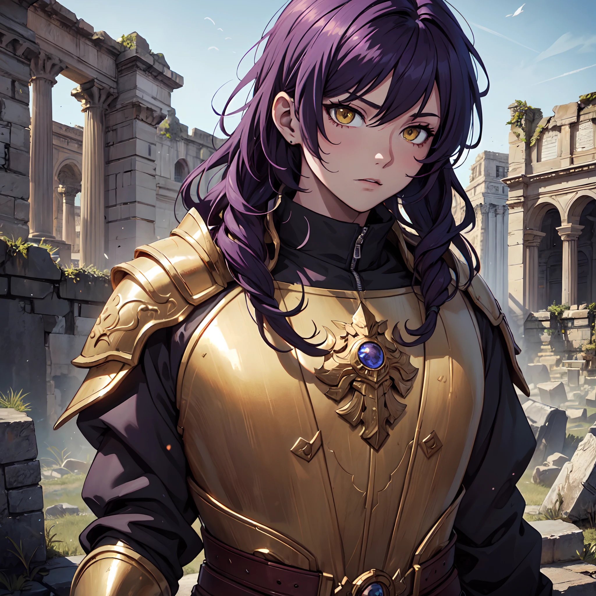 Ultra High Definition,
Ultra High Quality,
Hyper Definition,
Hyper Quality,
Hyper Detailed,
Extremely Detailed,
Perfectly Detailed,
Masterpiece,
8k,
1 Boy,
Anime,
Long Purple Hair,
Under Cut Hairstyle,
Solid Yellow Eyes,
Handsome,
Armored With Roman Emperor Armor,
Body Shot,
Ancient Roman Empire Ruins Background,