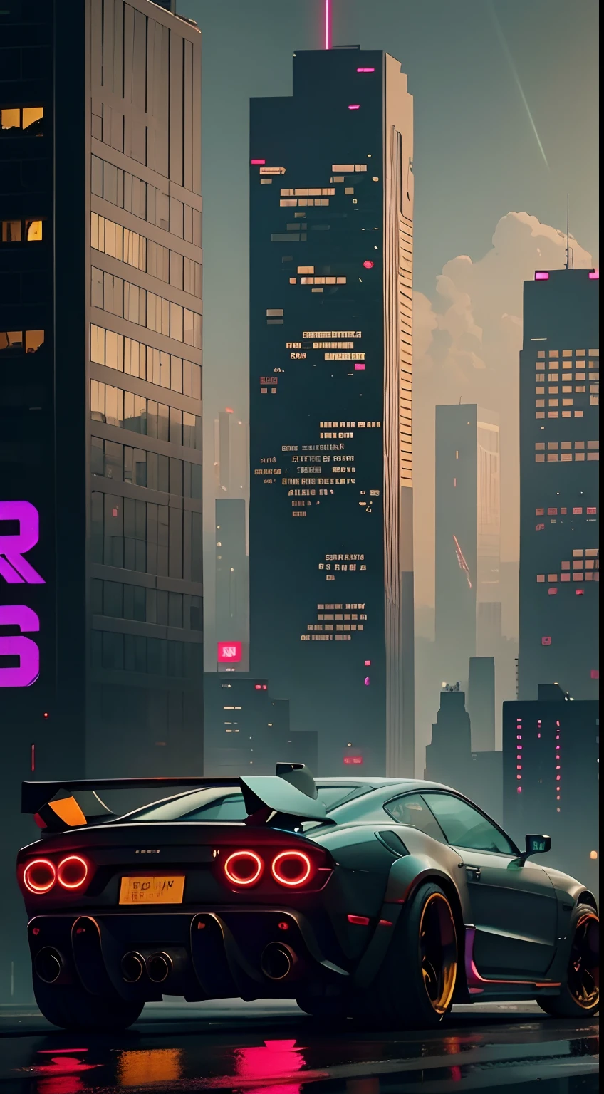 a neon car driving in a cyberpunk city with tall buildings in the background, the image is cinematic, 4k,ultrarealistic, cool,badass