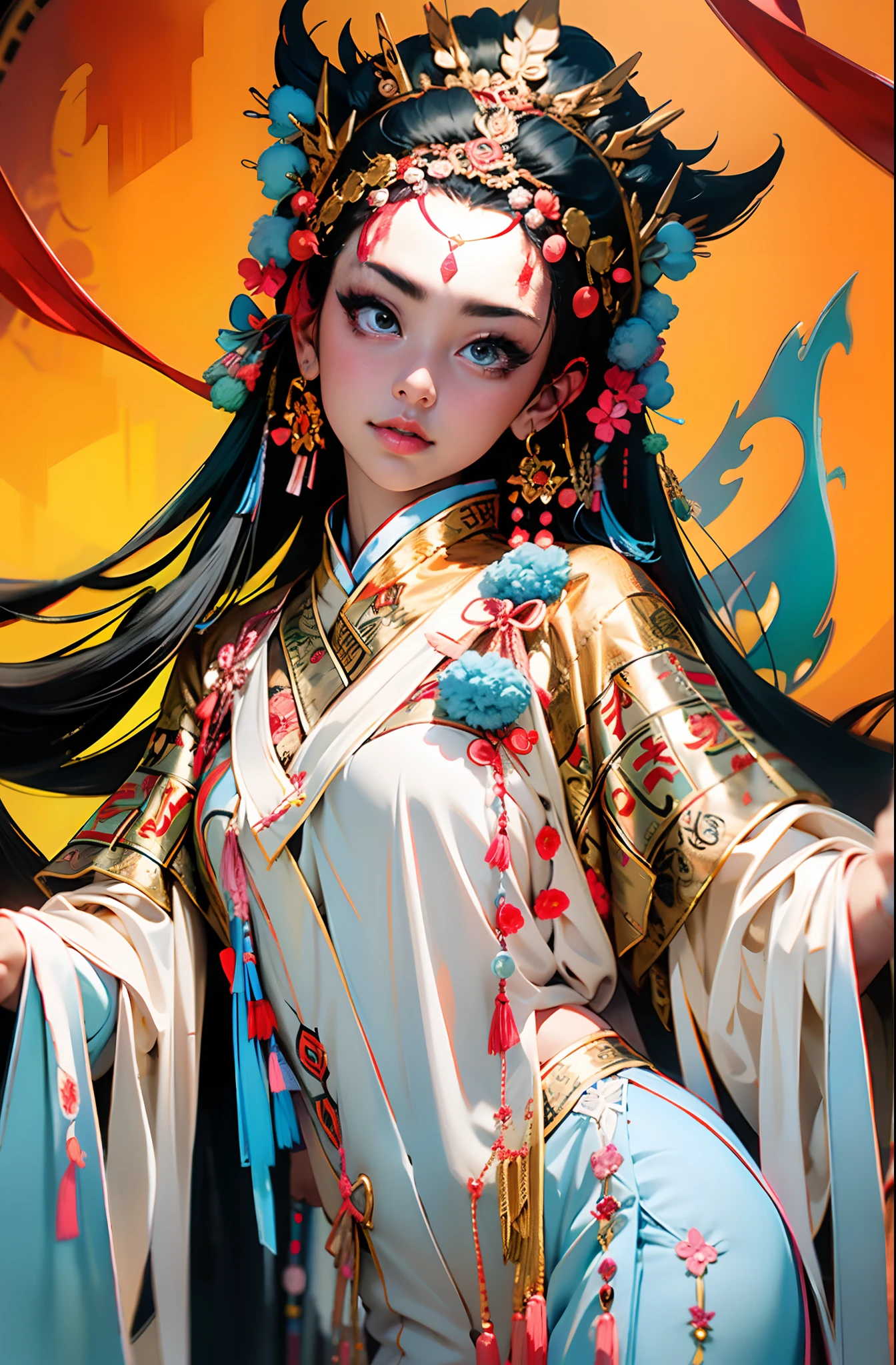 tmasterpiece，Best resolution，HighestQuali，Official fine art，，8k wallpaper，figure portrait，one-girl，beauitful face，Eyes look at the lens，Dressed in traditional Chinese Peking Opera costumes，Embroidered with delicate patterns，Wide sleeves，CNOperaCrown，Gorgeous headdress，a gorgeous，The upper part of the body，CNOperaCrown，CNOperaFlag,Detailed portrayal，Rich in detail，China-style，anatomy correct，Sharp focus，