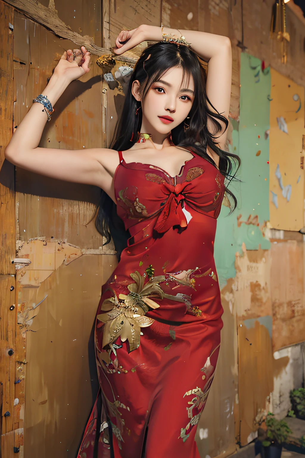 Adorned in a striking fusion of Eastern and Western aesthetics, the Entrancing Eurasian Catgirl radiates elegantly in a Silk and Lace Evening Cheongsam. This enticing attire effortlessly blends tradition and contemporariness, transforming her delicate silhouette into a tantalizing showcase of curvaceous allure, exuding a balanced mix of class and seduction.
As she gracefully lifts her arms, her provocative underarms, glistening with sweat, are revealed in their full allure. The delicate Cheongsam, with its sheer and complex lace design, flowingly descends her body, subtly revealing her charms while preserv