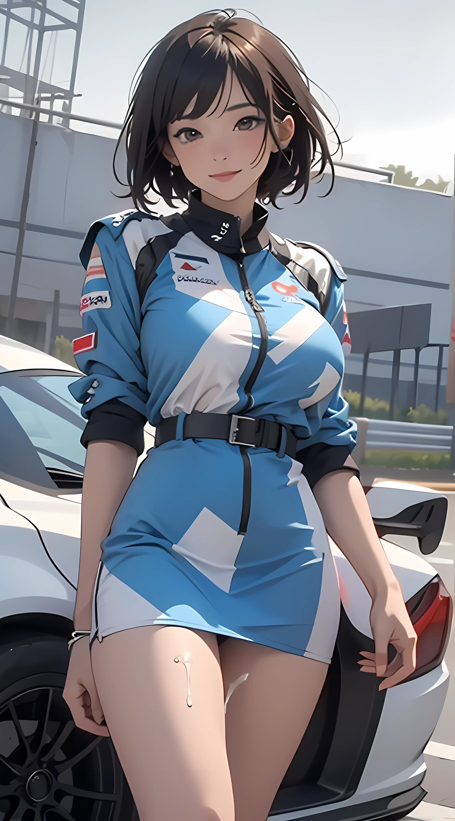 Anime girl in blue dress, oppai, biomechanical oppai,  in dress, oppai proportions, Ecchi, Big breasts!!, with a big chest, pixiv 3dcg, Big breasts!, (SFW) safe for work, Ecchi anime style, けもの, Seductive Anime Girl, 1girl huge large breasts,、((top-quality)), ((​masterpiece)), A smile, Pitch Resuit, Colossal tits, Puffy nipple, knee high, Naughty face, knee high　white, Adult Woman, (cum in vaginas:1.3), cum in mouth, (Overflowing G-string:1.5), Sobbing tears, short-cut, Check mini skirt, l, Race Queen, A slender, masterpaintings, best qualtiy, Photorealsitic, ultra-detailliert, (shiny skins, perspired:1.4), Watch the crowd, With short black hair, Brown-eyed, slender, dynamic light and shadow, hight resolution, Sharp Focus, depth of view, The eyes are delicate, Sharp pupils, pupil realistic, (Colossal tits), A slender, (thick thight), outside of house, Skysky, Tight skirt, Short skirt, Grid Girl, underboob, Wet_Clothes, Wear the grid_Girl costume printed with sponsor's logo, (Stand in a motorsport race)+, left hand on waist
