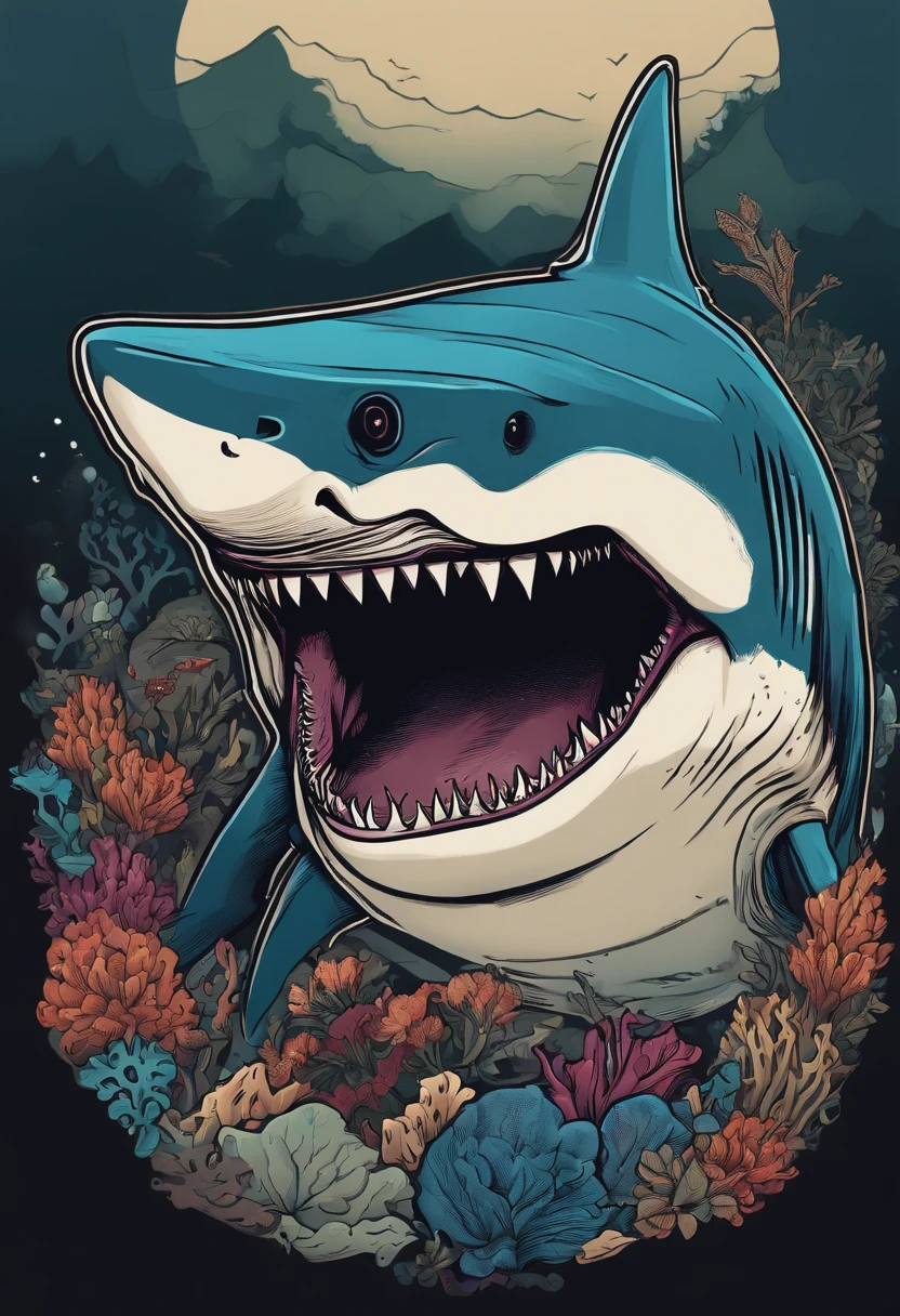 /imagine prompt: shark illustration for a sticker with a black background, in bold outline style, jagged edges, trashcore, light shading --v 5.2